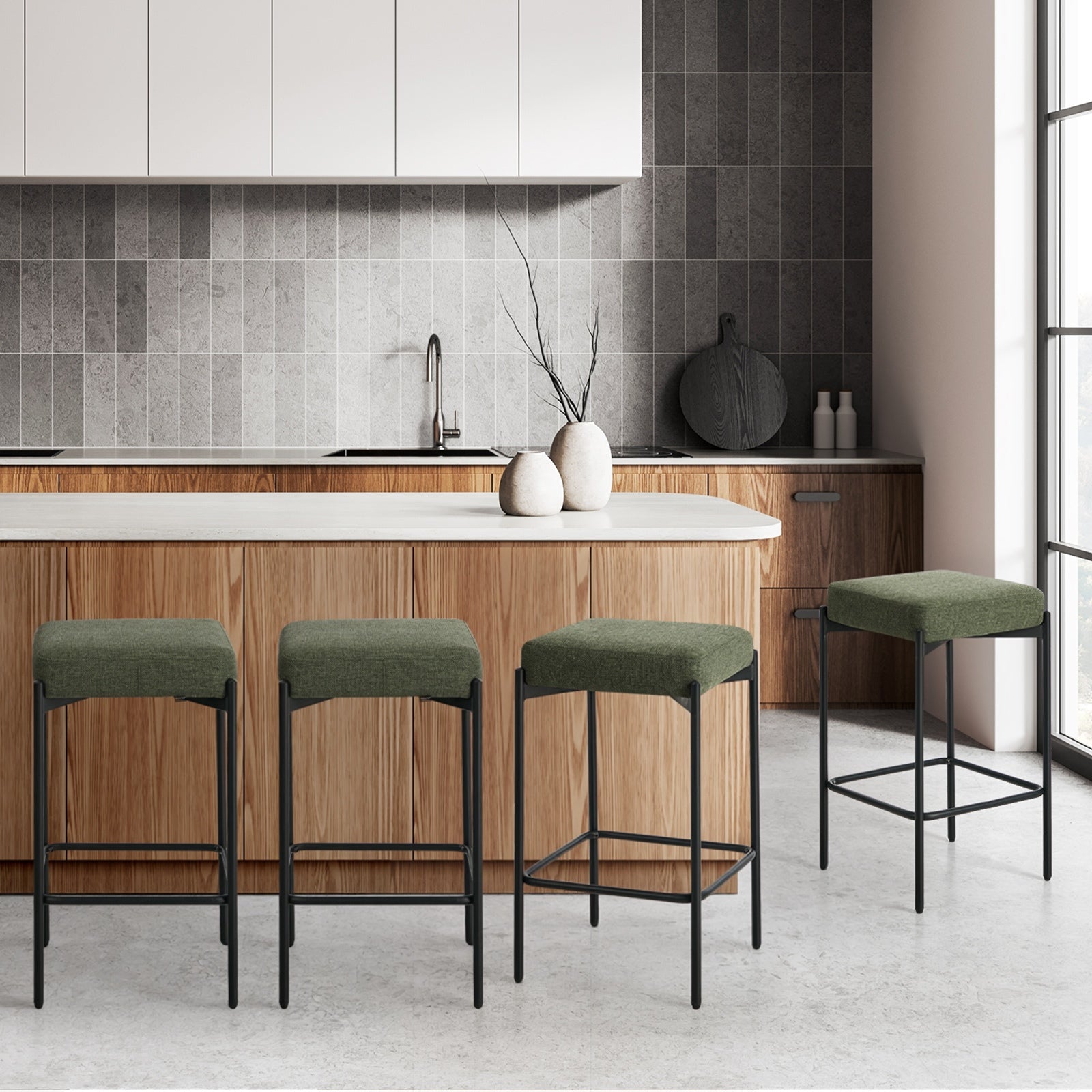 Oikiture 4x Bar Stools Kithen Counter Stool Dining Chair Linen Seat Metal Green - Sunyee