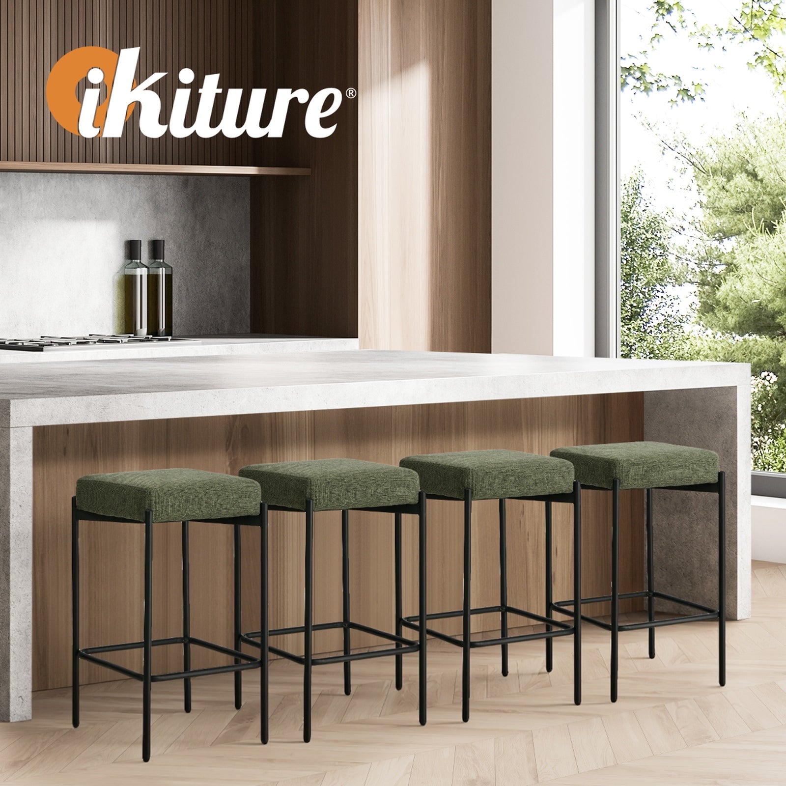 Oikiture 4x Bar Stools Kithen Counter Stool Dining Chair Linen Seat Metal Green - Sunyee