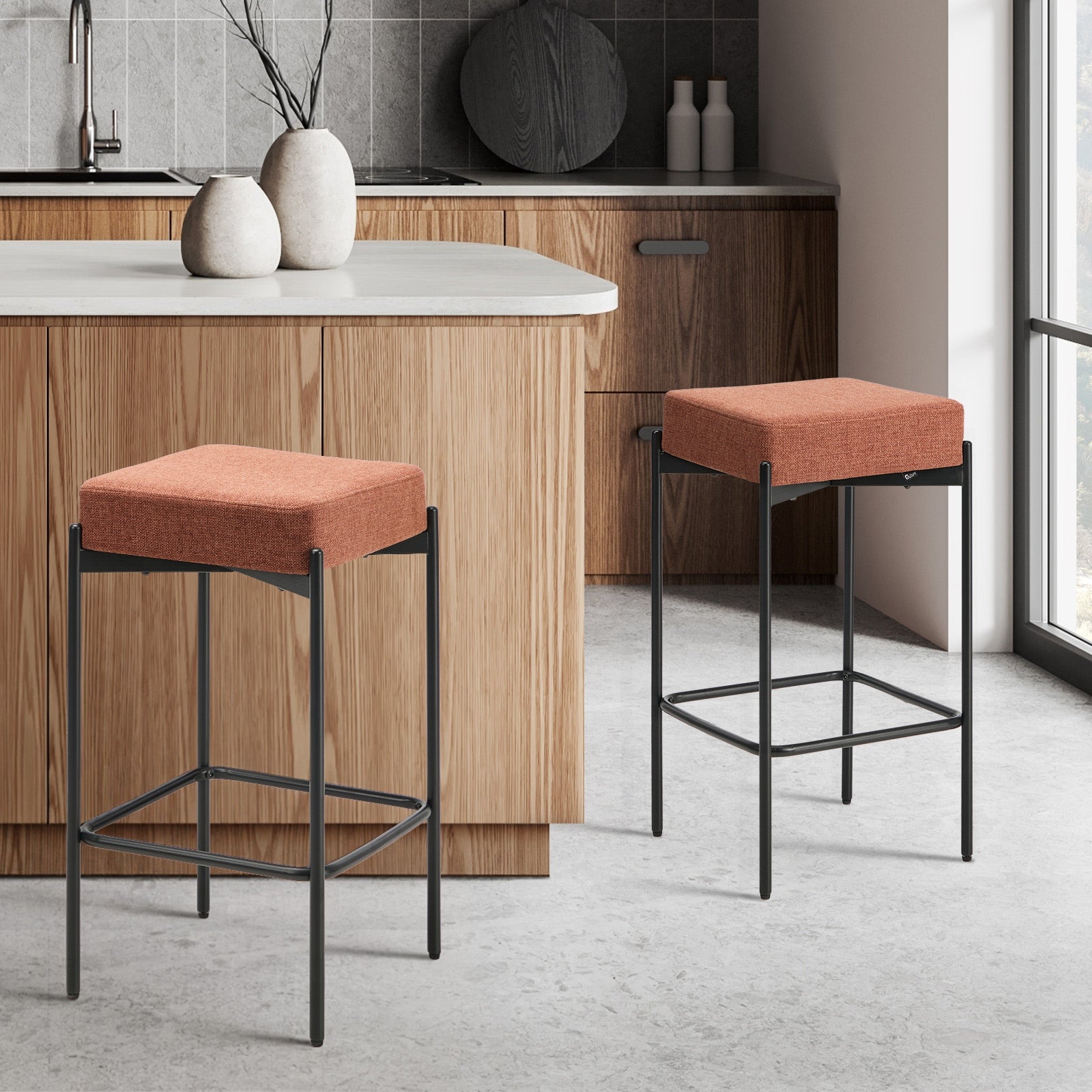 Oikiture 2x Bar Stools Kitchen Counter Dining Chair Linen Seat Metal Orange