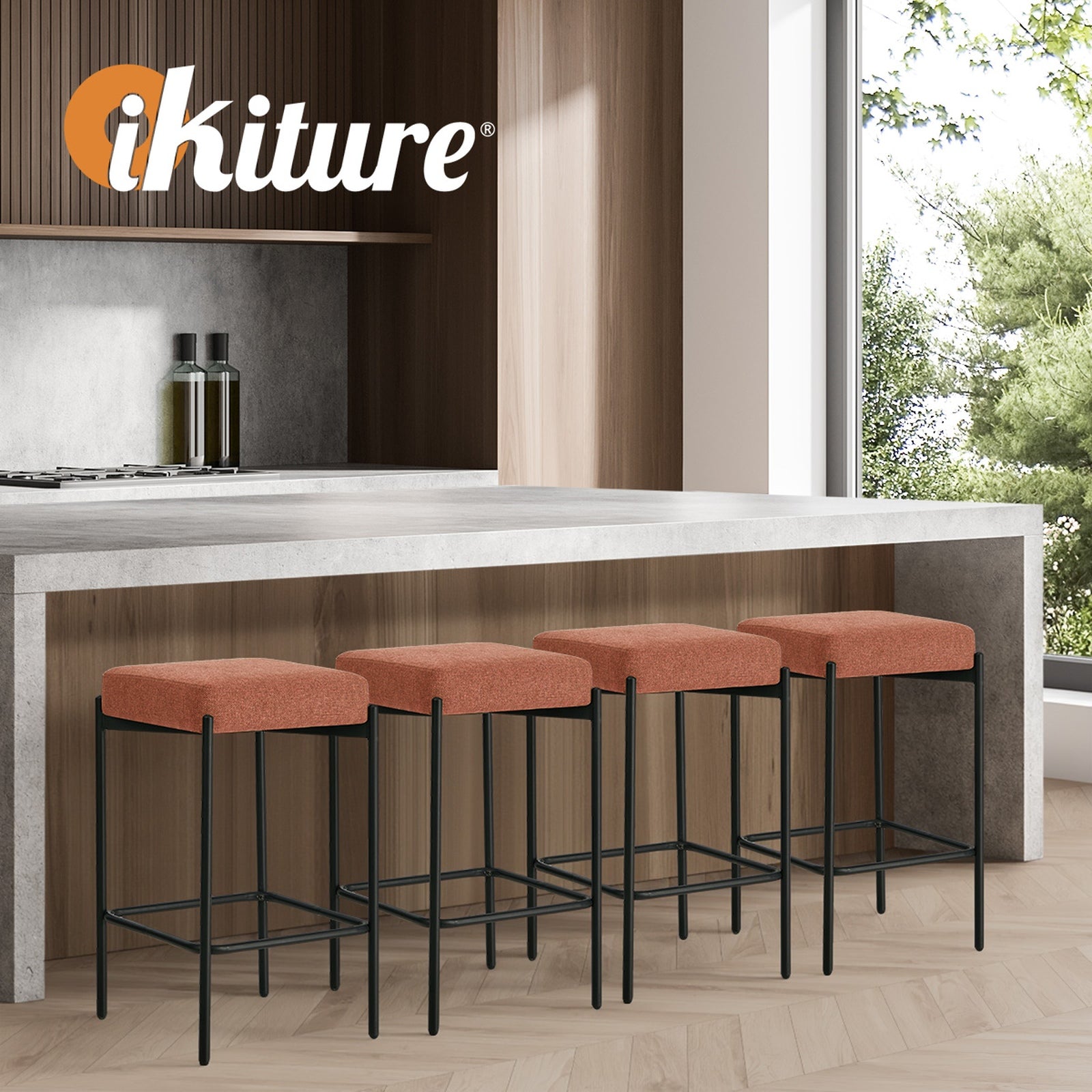 Oikiture 2x Bar Stools Kitchen Counter Dining Chair Linen Seat Metal Orange