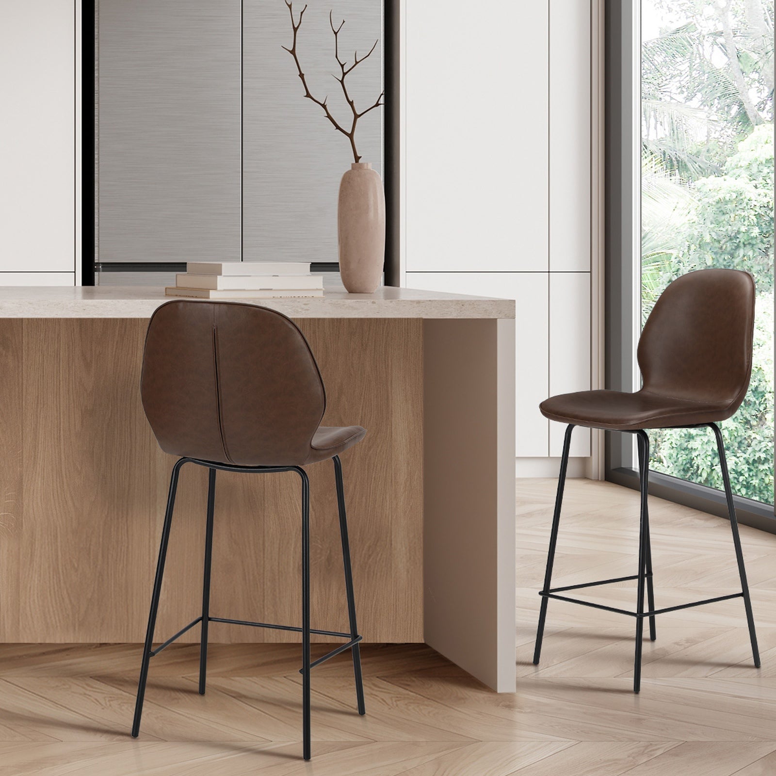 Oikiture 2x Bar Stools Kitchen Dining Chairs Counter Stool Leather Brown