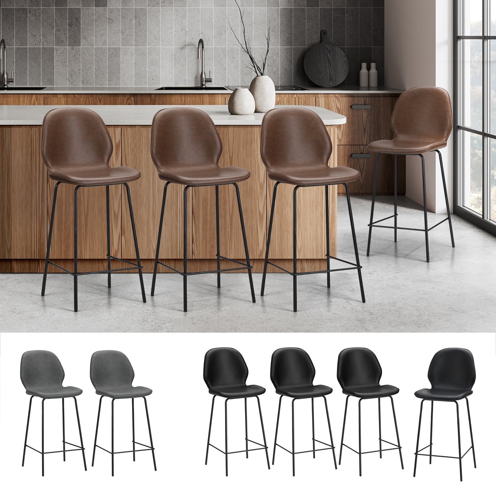 Oikiture 2/4x Bar Stools Kitchen Dining Stool Counter Metal Chairs Leather - Sunyee