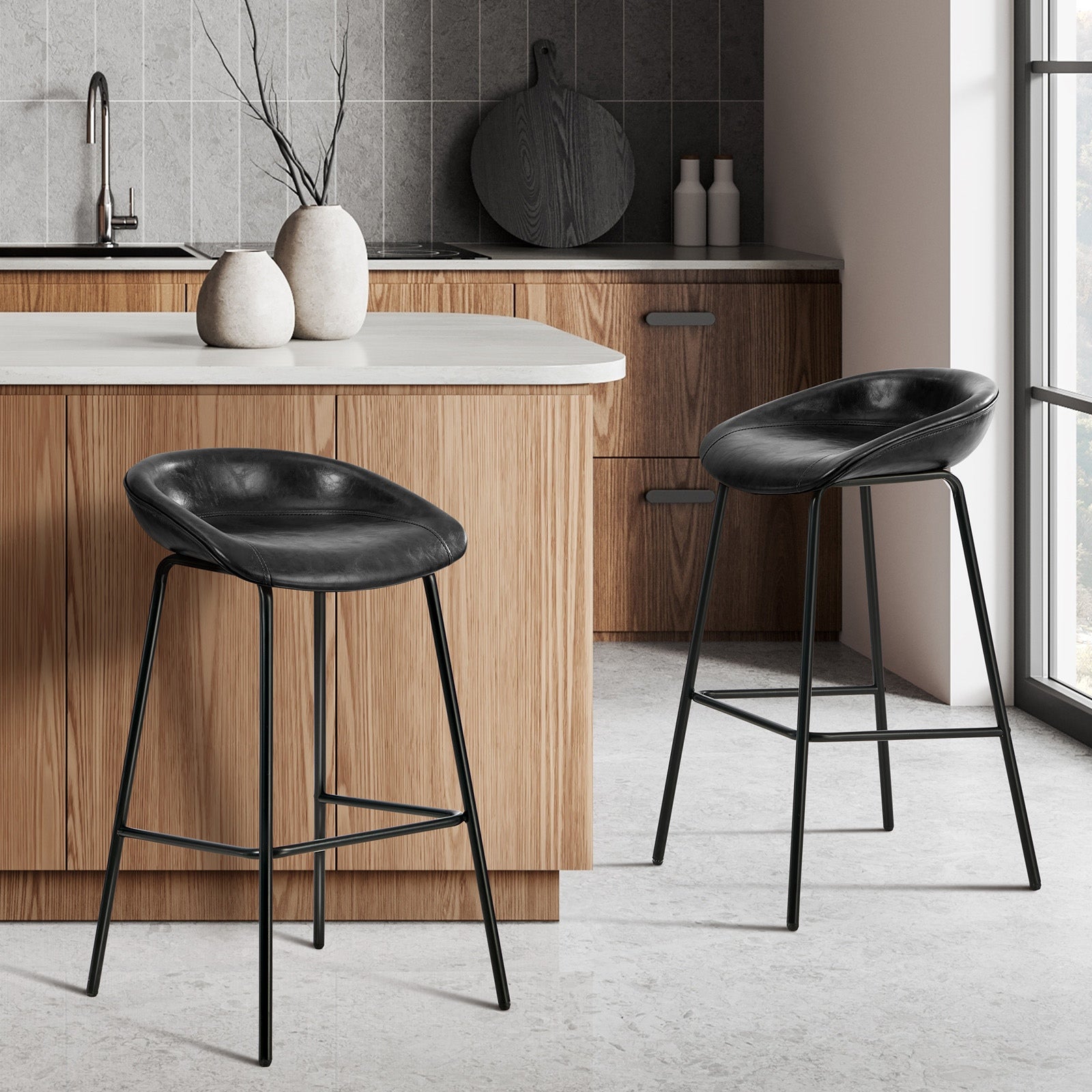 Oikiture 2X Bar Stools Kitchen Dining Chair Metal Counter Stool PU Leather Black - Sunyee
