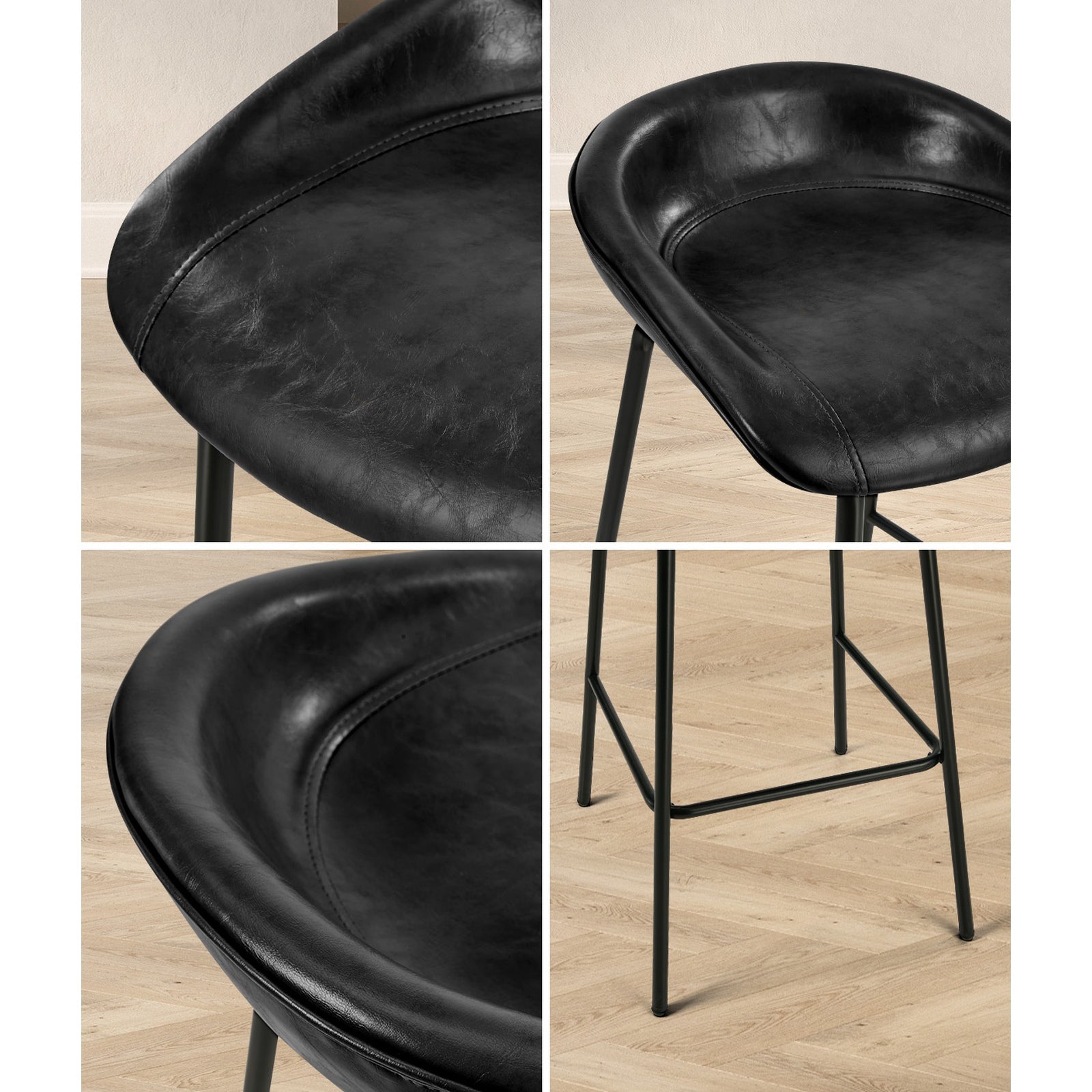 Oikiture 2X Bar Stools Kitchen Dining Chair Metal Counter Stool PU Leather Black - Sunyee