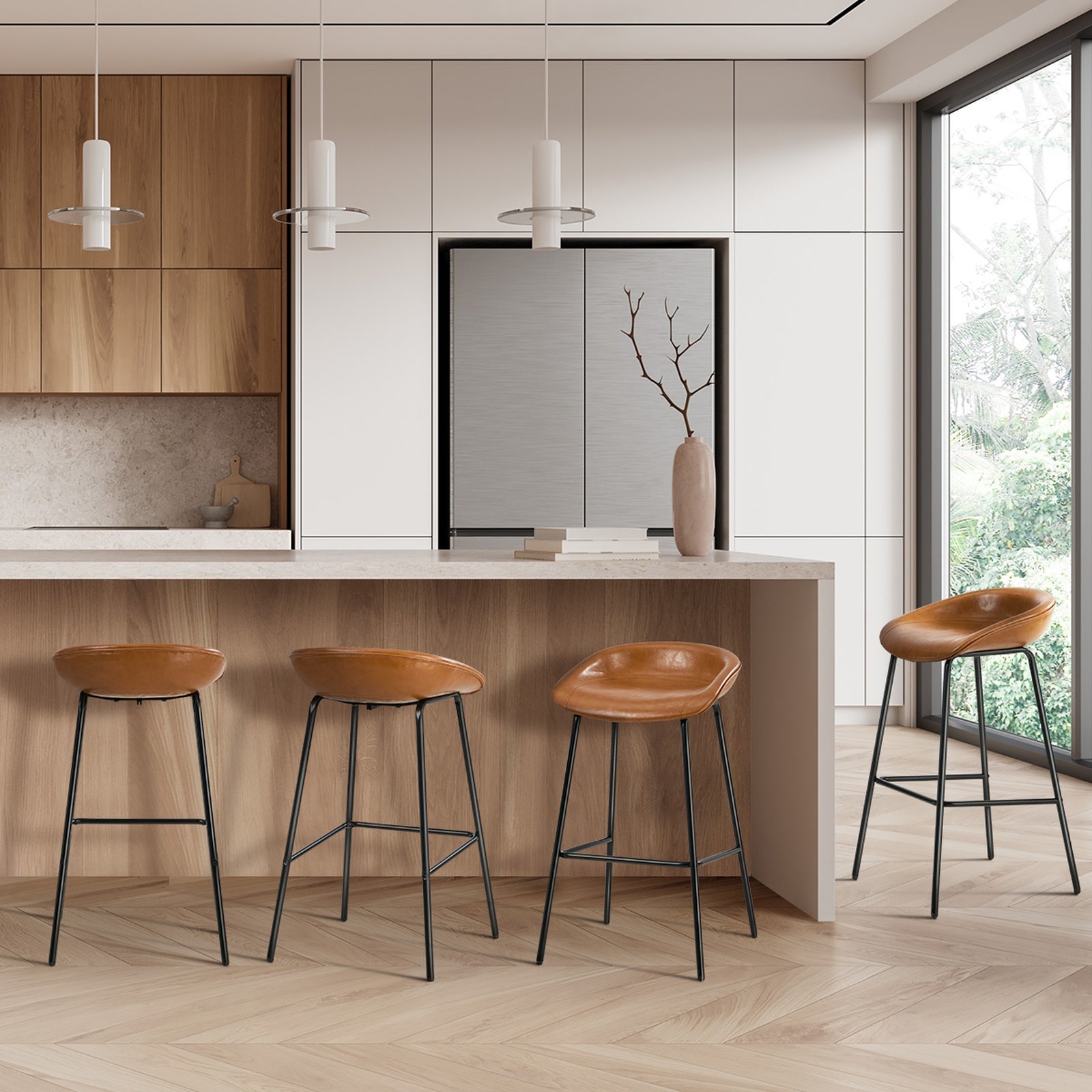 Oikiture 4X Bar Stools Kitchen Dining Chair Metal Counter Stool PU Leather Brown - Sunyee