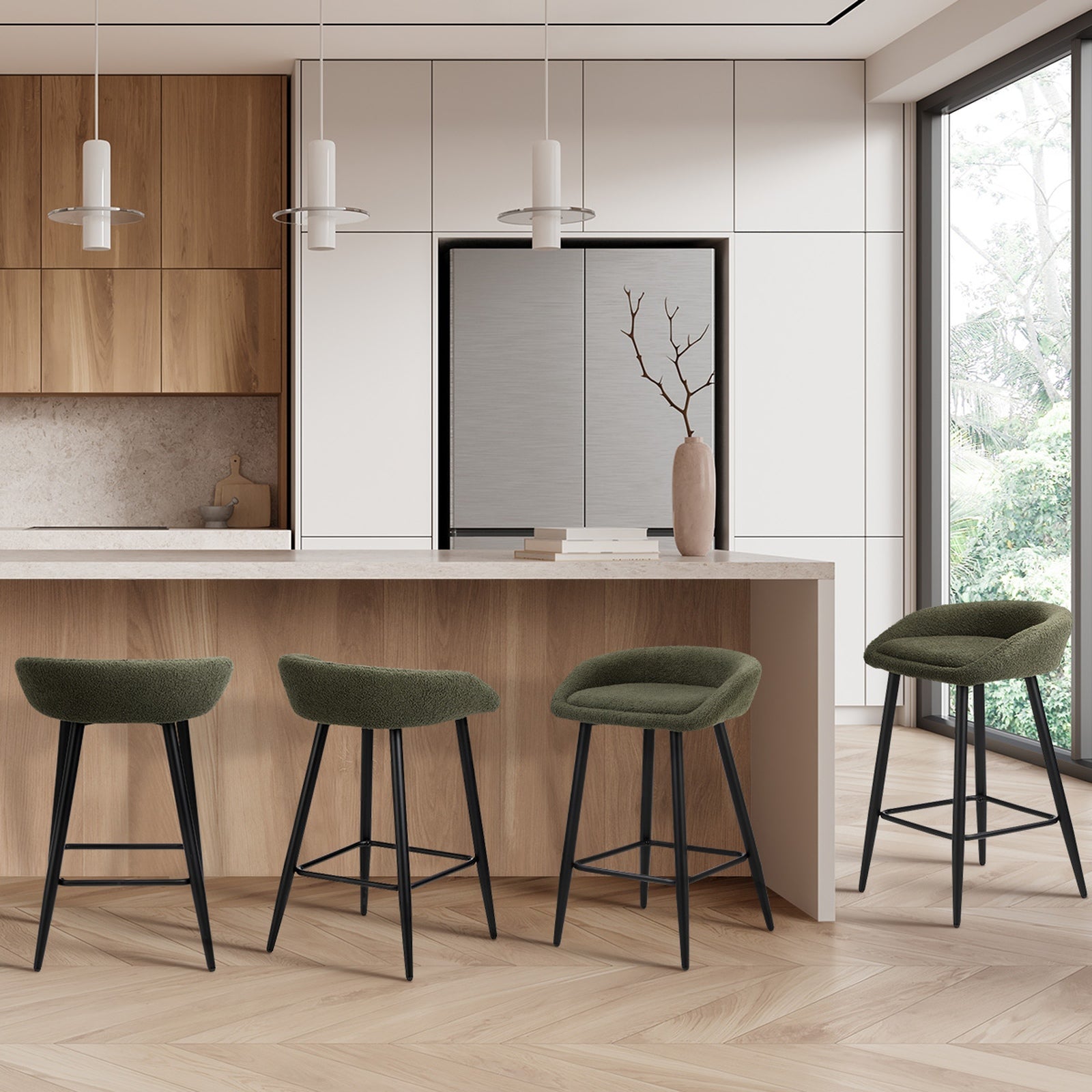 Oikiture Bar Stools Set of 4 Kitchen Dining Chairs Counter Stools Green Boucle - Sunyee