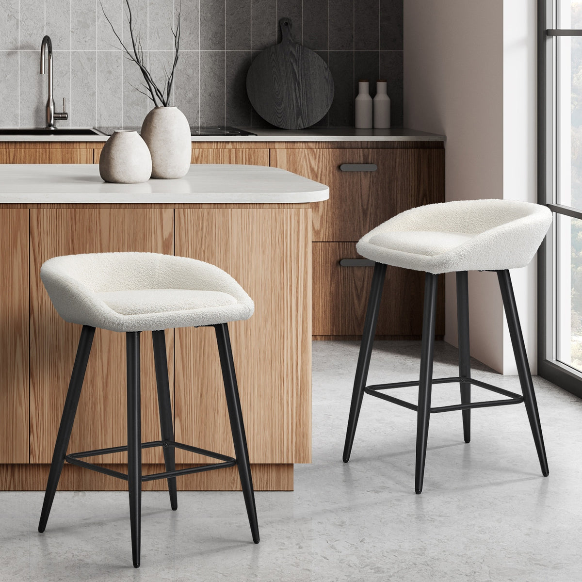 Oikiture Bar Stools Set of 2 Kitchen Dining Chairs Counter Stool White Boucle - Sunyee