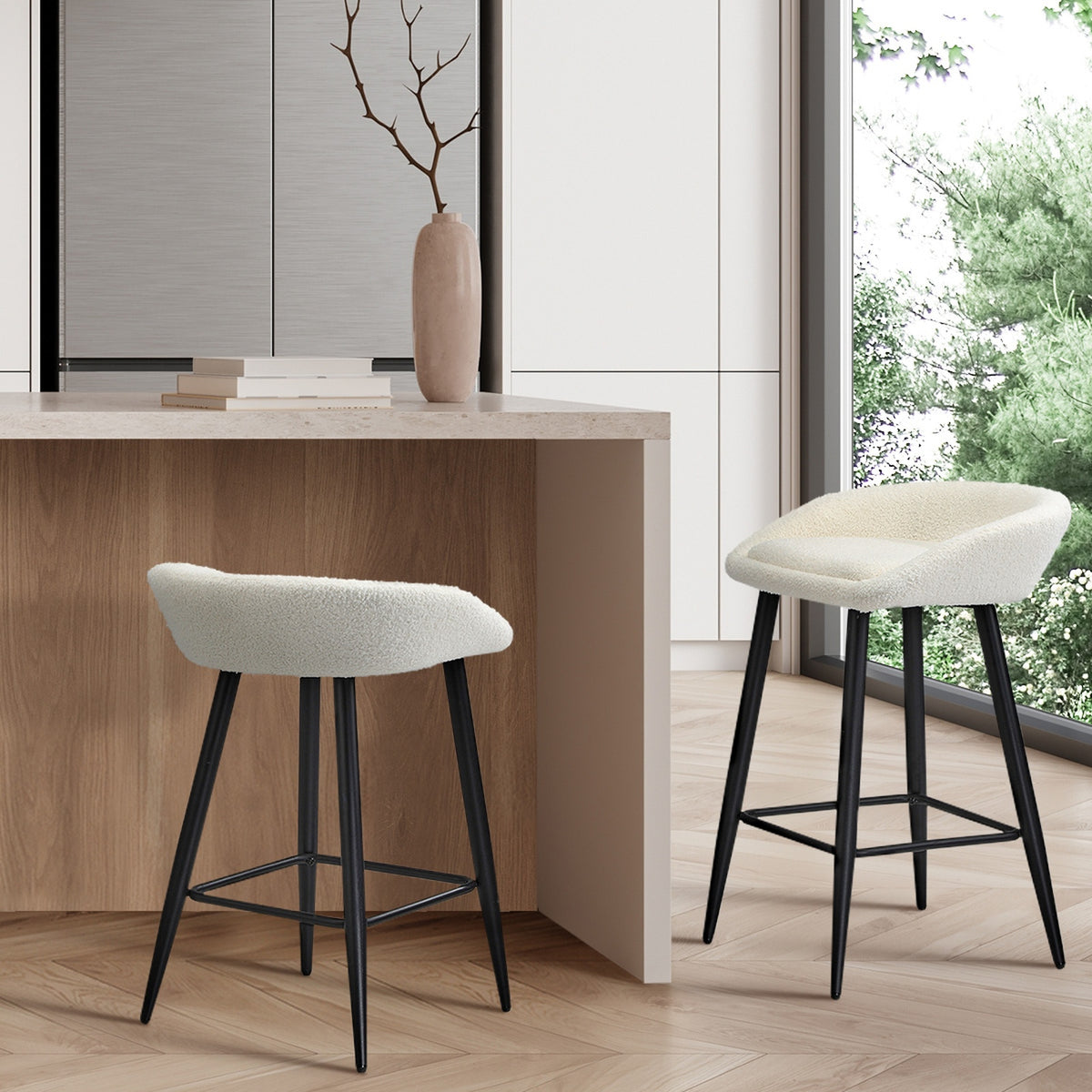 Oikiture Bar Stools Set of 2 Kitchen Dining Chairs Counter Stool White Boucle - Sunyee