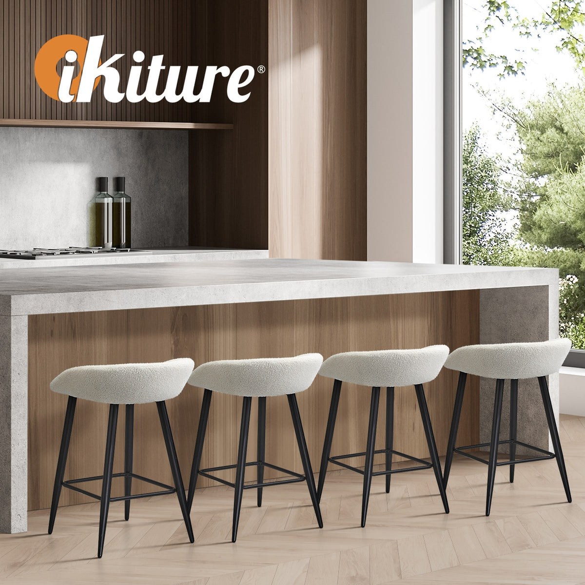 Oikiture Bar Stools Set of 2 Kitchen Dining Chairs Counter Stool White Boucle - Sunyee
