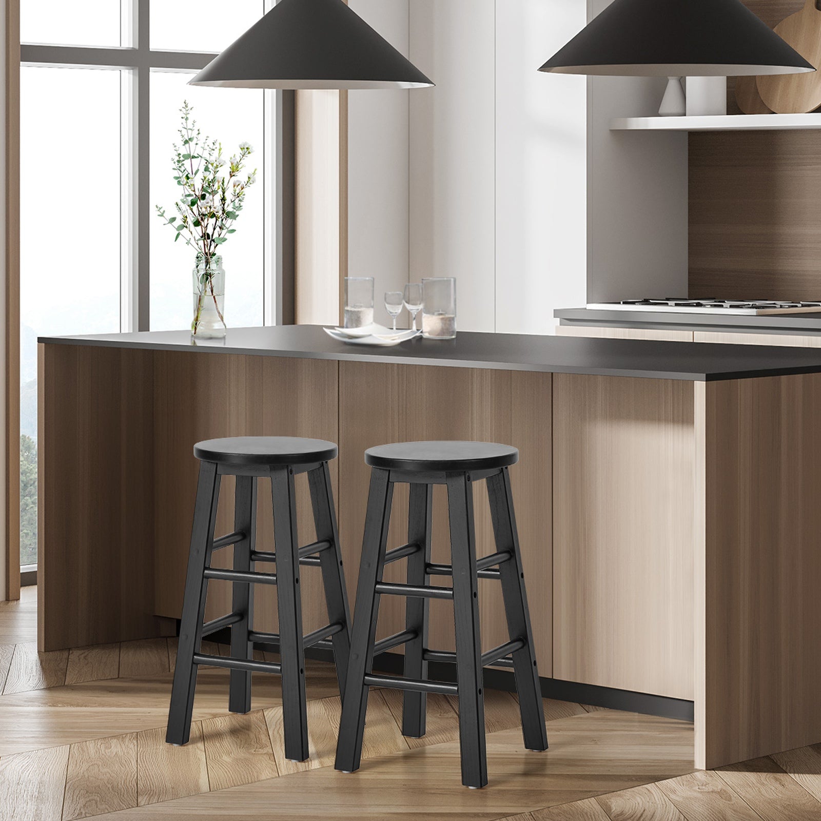 Oikiture 2x Bar Stool Kitchen Counter Round Chair Split-Level Footrest Black