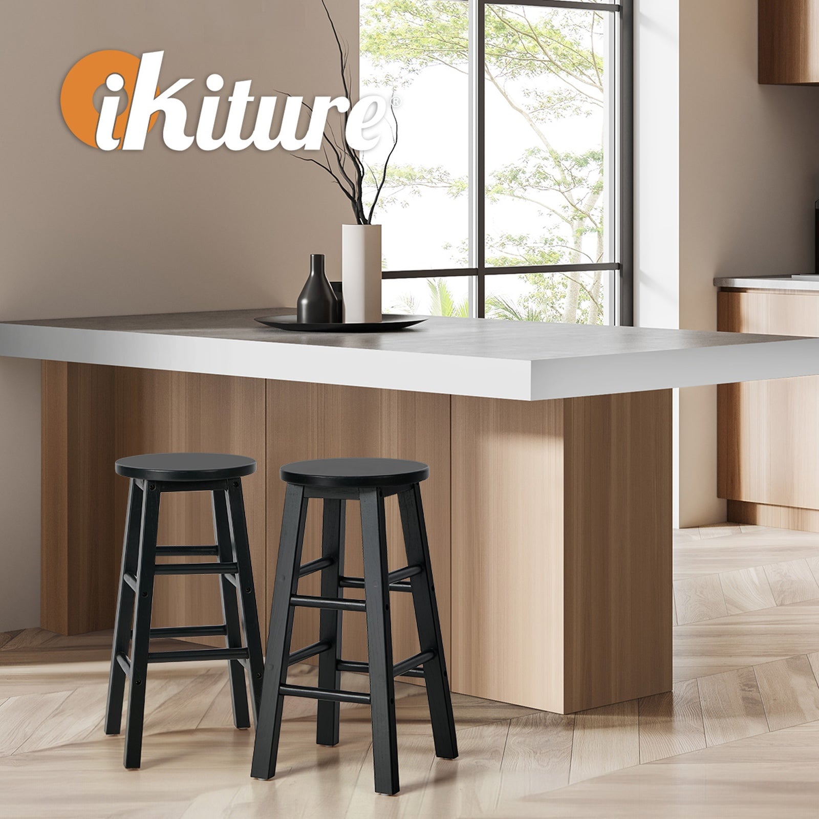 Oikiture 2x Bar Stool Kitchen Counter Round Chair Split-Level Footrest Black