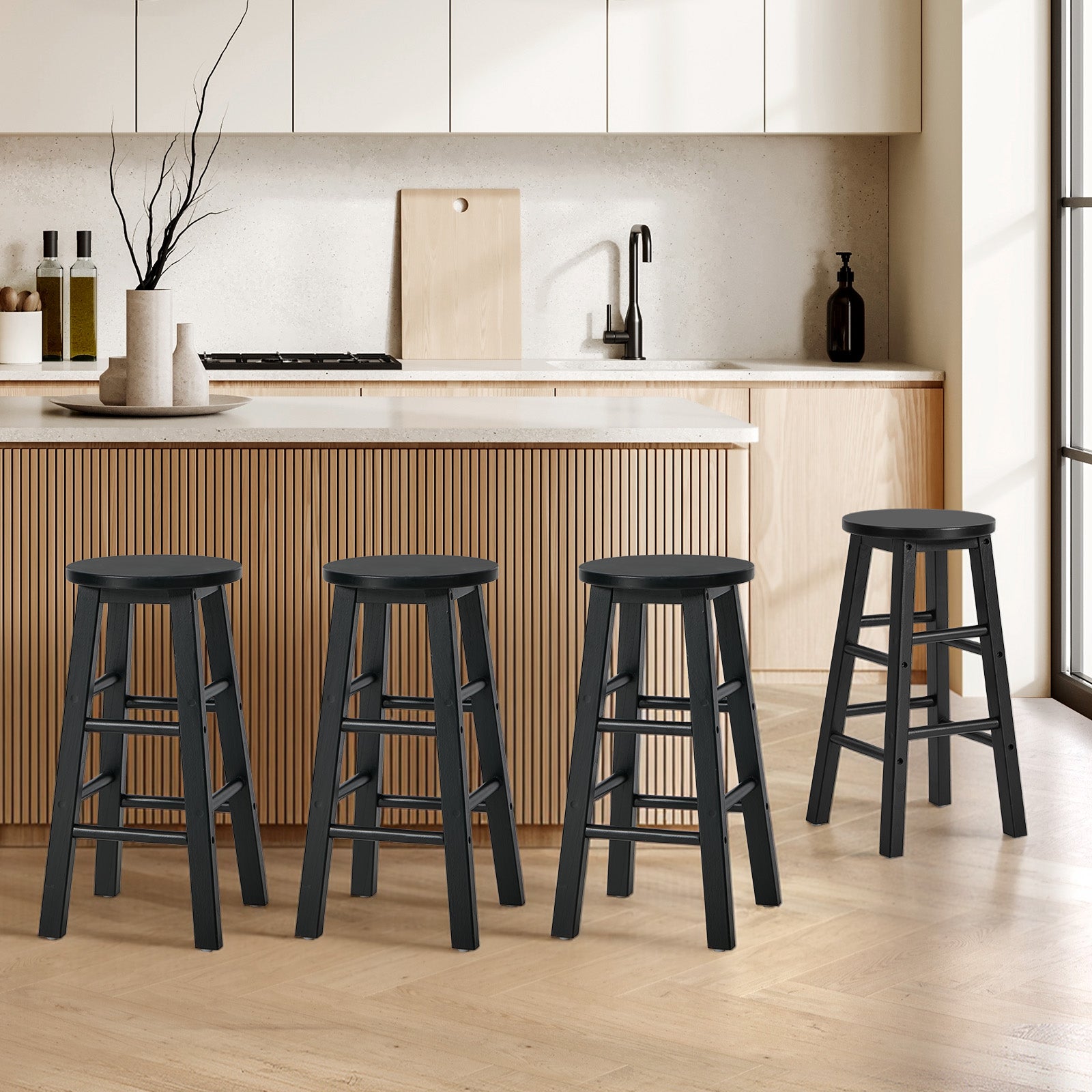 Oikiture 4x Bar Stool Kitchen Counter Round Chair Split-Level Footrest Black