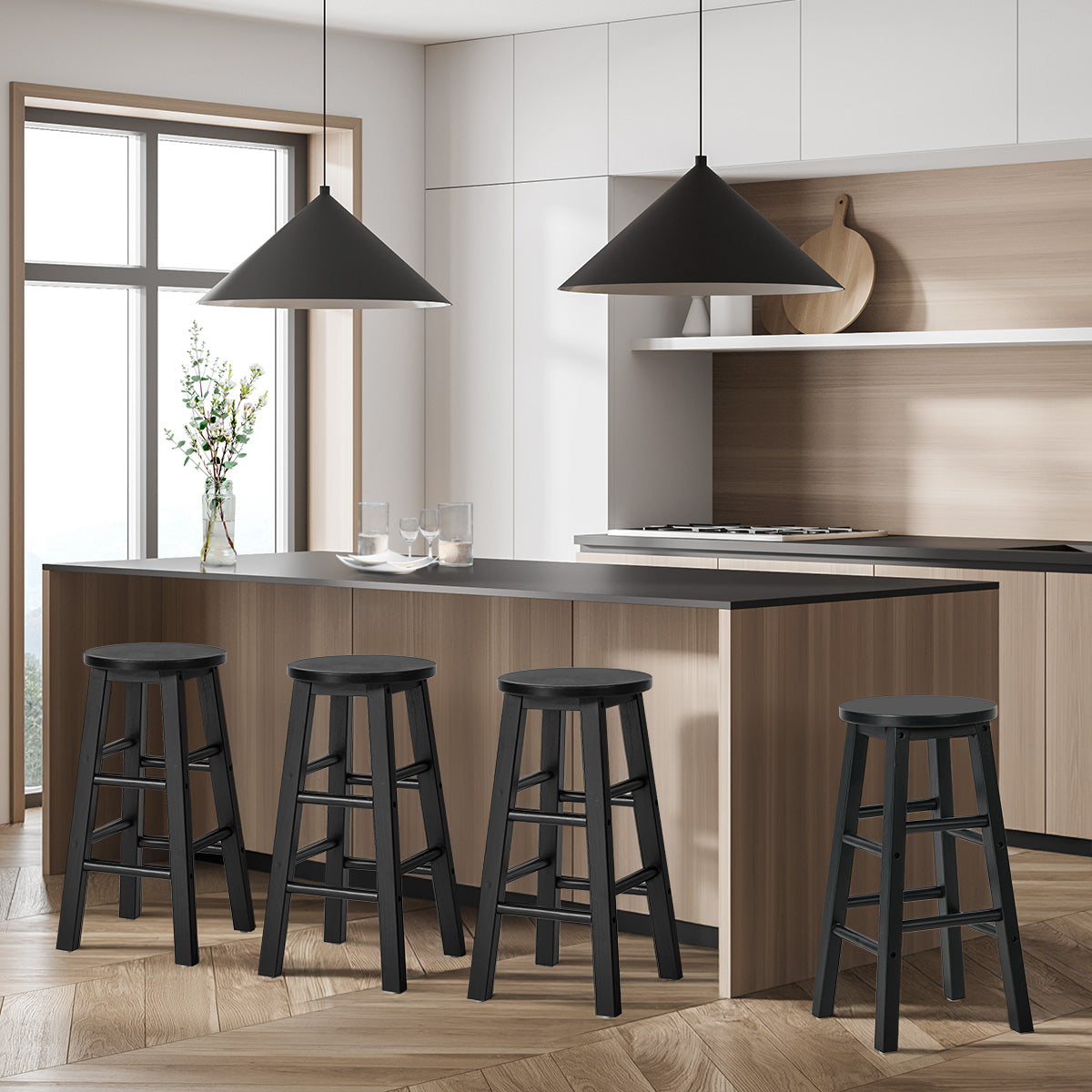 Oikiture 4x Bar Stool Kitchen Counter Round Chair Split-Level Footrest Black