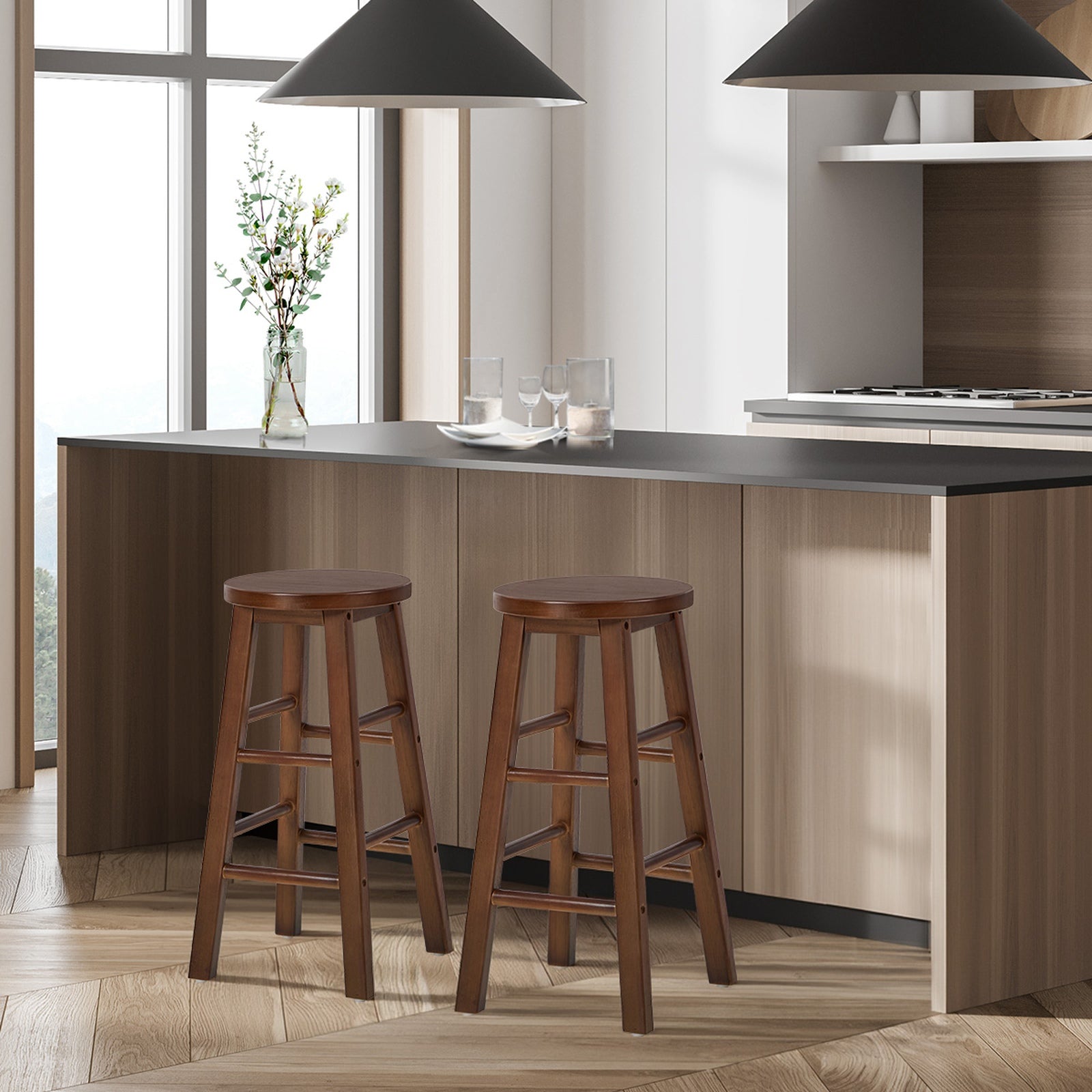 Oikiture 2x Bar Stool Kitchen Counter Round Chair Split-Level Footrest Walnut