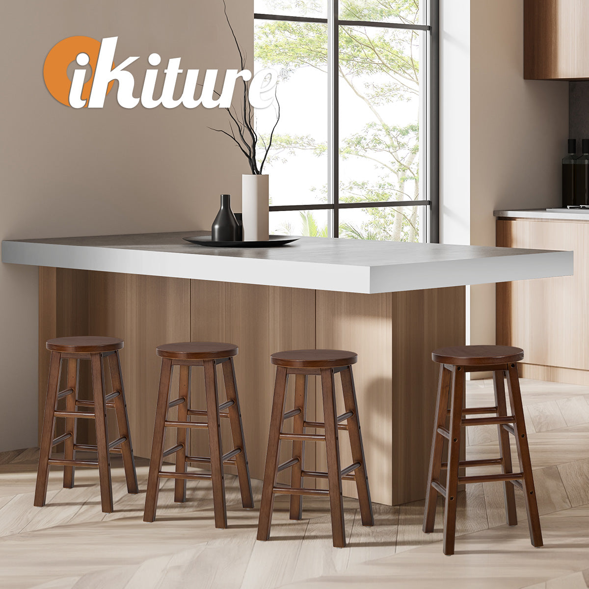 Oikiture 4x Bar Stool Kitchen Counter Round Chair Split-Level Footrest Walnut