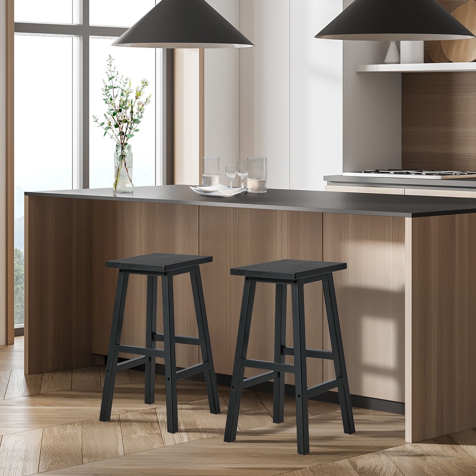 Oikiture 2x Bar Stool Kitchen Counter Dining Chair Split-Level Footrest Black