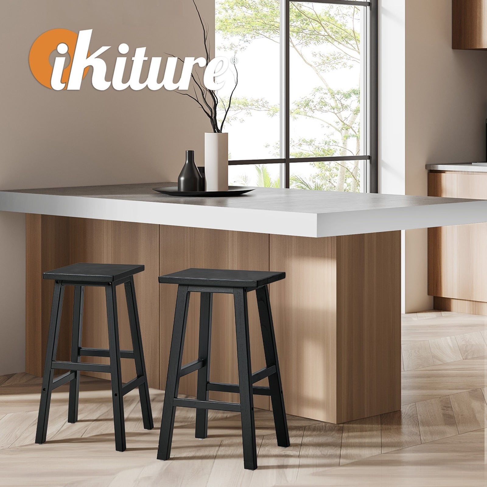 Oikiture 2x Bar Stool Kitchen Counter Dining Chair Split-Level Footrest Black