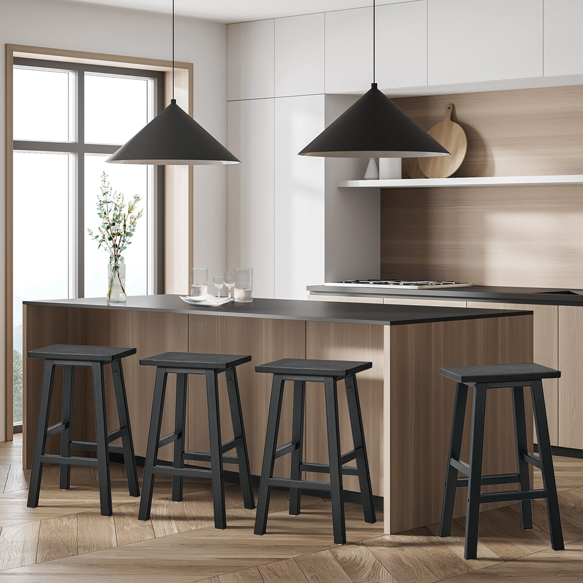 Oikiture 4x Bar Stool Kitchen Counter Dining Chair Split-Level Footrest Black