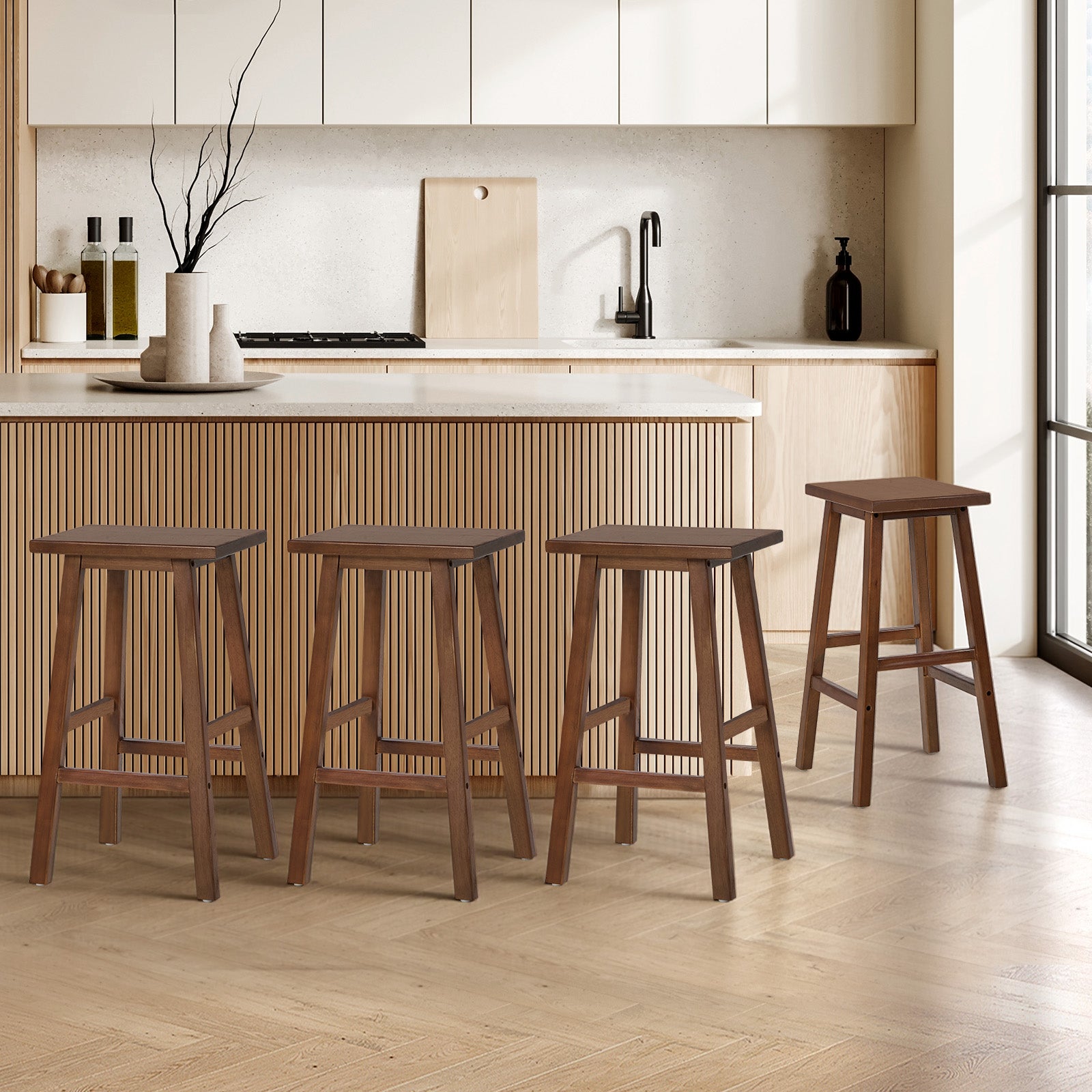 Oikiture 4x Bar Stool Kitchen Counter Dining Chair Split-Level Footrest Walnut