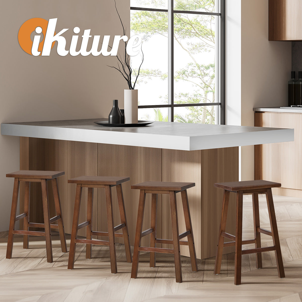 Oikiture 4x Bar Stool Kitchen Counter Dining Chair Split-Level Footrest Walnut