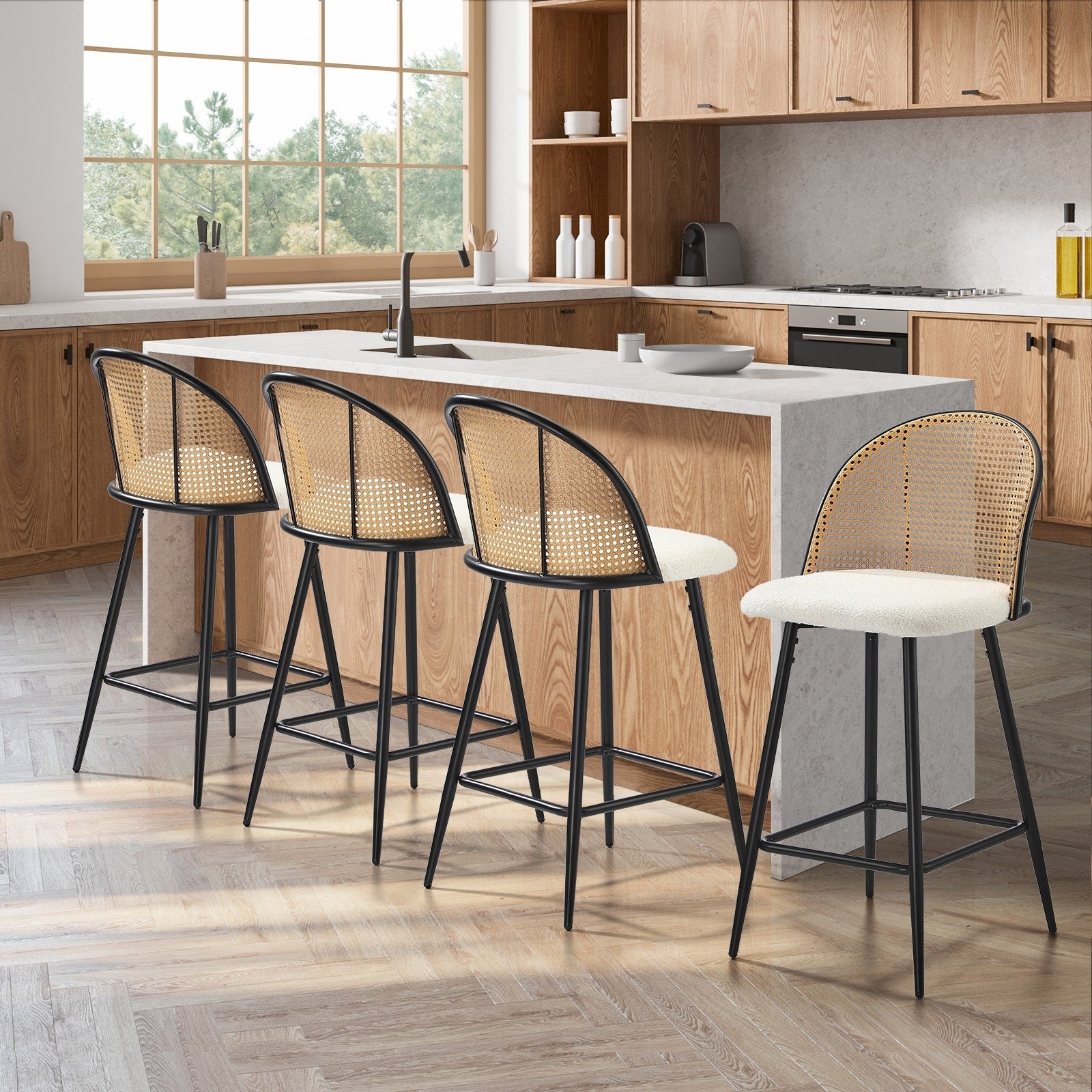 Oikiture Bar Stools Kitchen Counter Stool Rattan Dining Chair Boucle Fabric x4 - Sunyee