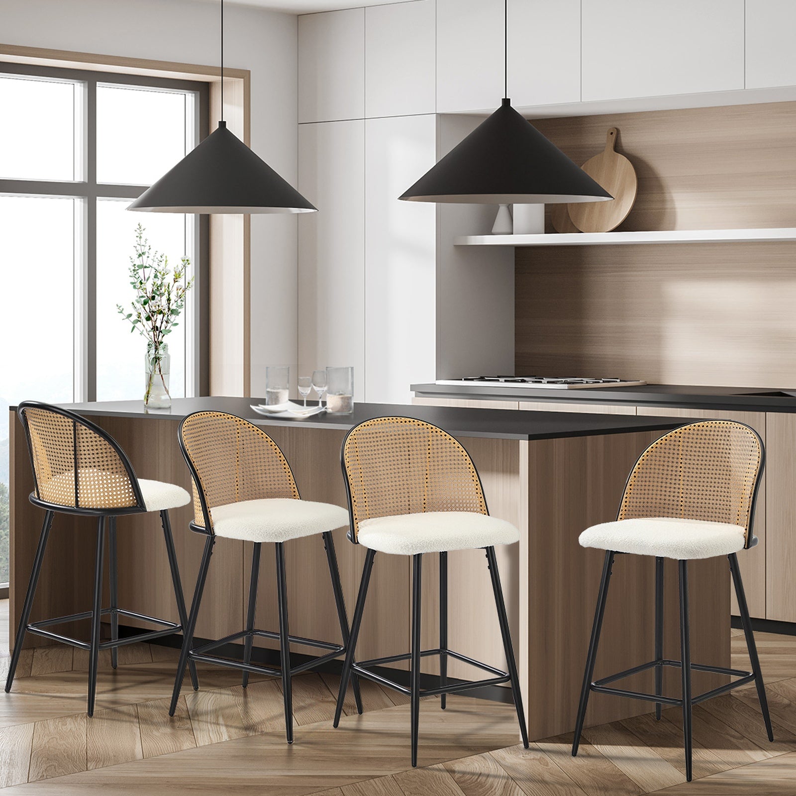 Oikiture Bar Stools Kitchen Counter Stool Rattan Dining Chair Boucle Fabric x4 - Sunyee