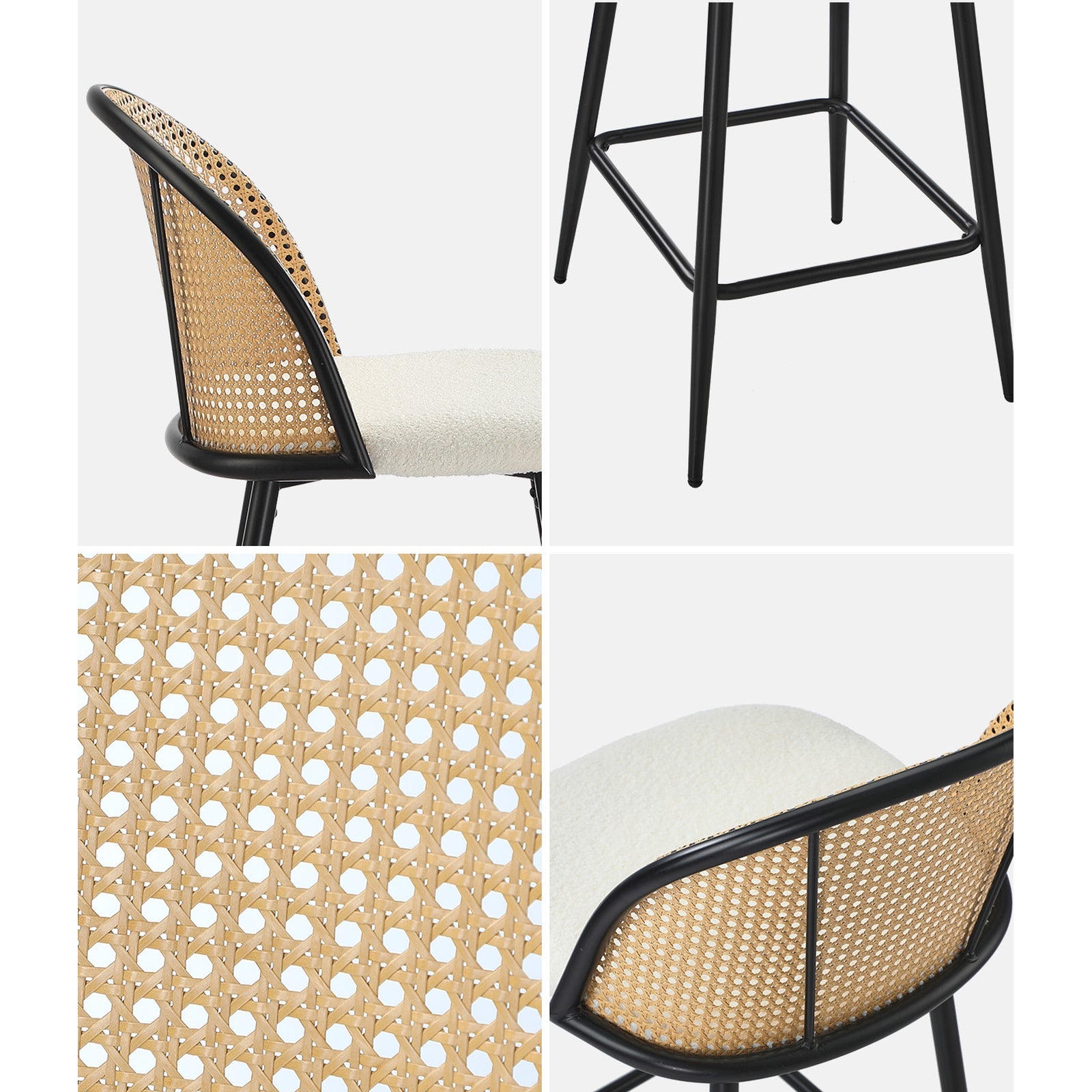 Oikiture Bar Stools Kitchen Counter Stool Rattan Dining Chair Boucle Fabric x4 - Sunyee