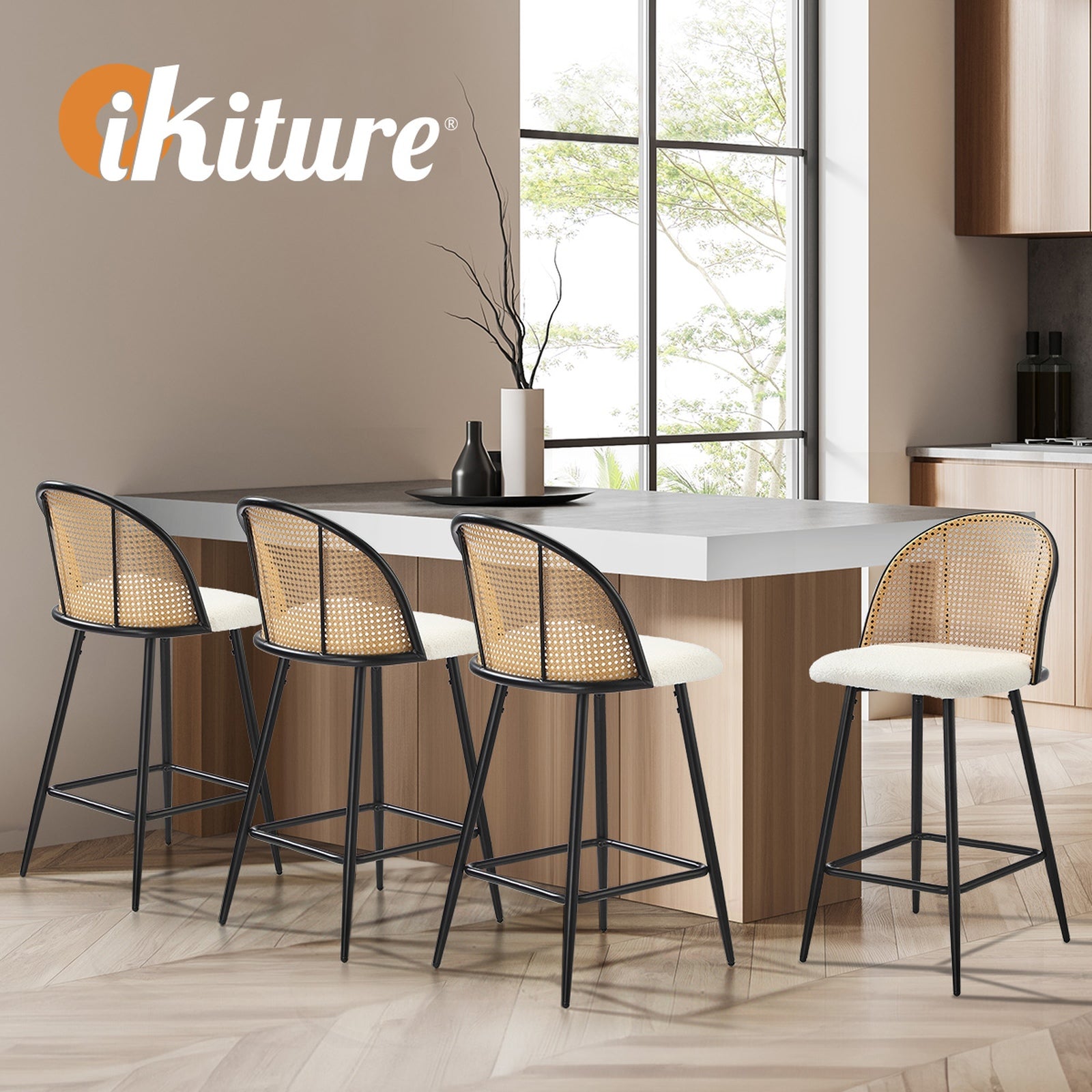 Oikiture Bar Stools Kitchen Counter Stool Rattan Dining Chair Boucle Fabric x4 - Sunyee