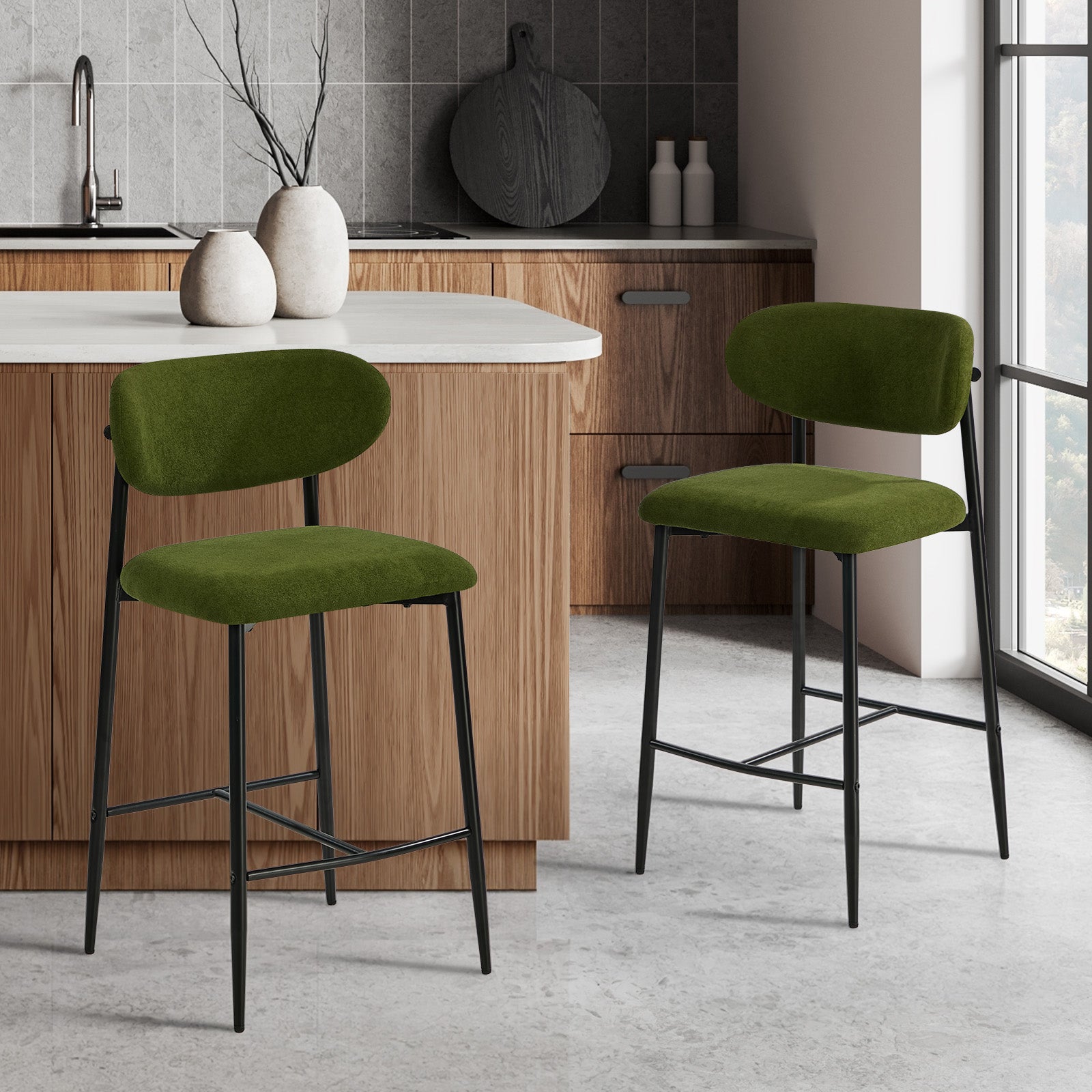 Oikiture 2x Bar Stools Kitchen Stool Counter Chair Fabric Green