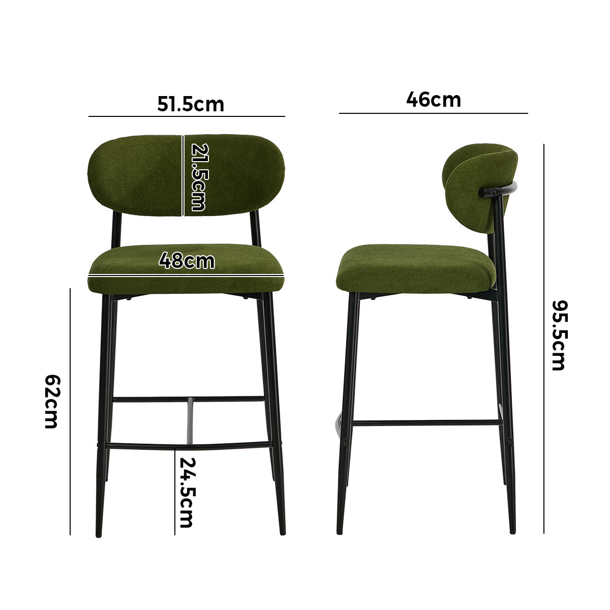 Oikiture 2x Bar Stools Kitchen Stool Counter Chair Fabric Green