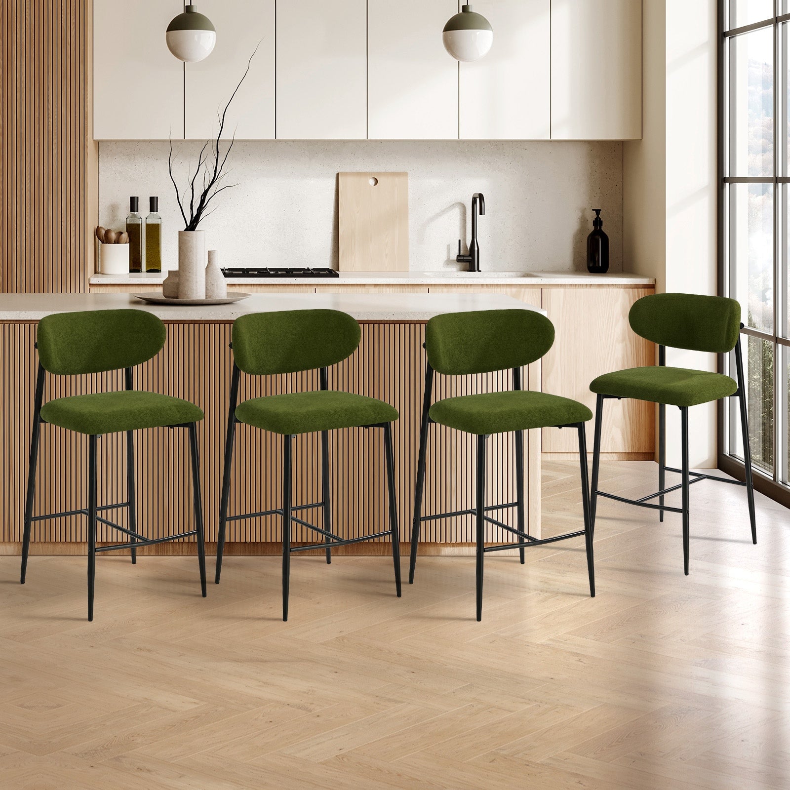 Oikiture 4x Bar Stools Kitchen Stool Counter Chair Fabric Green