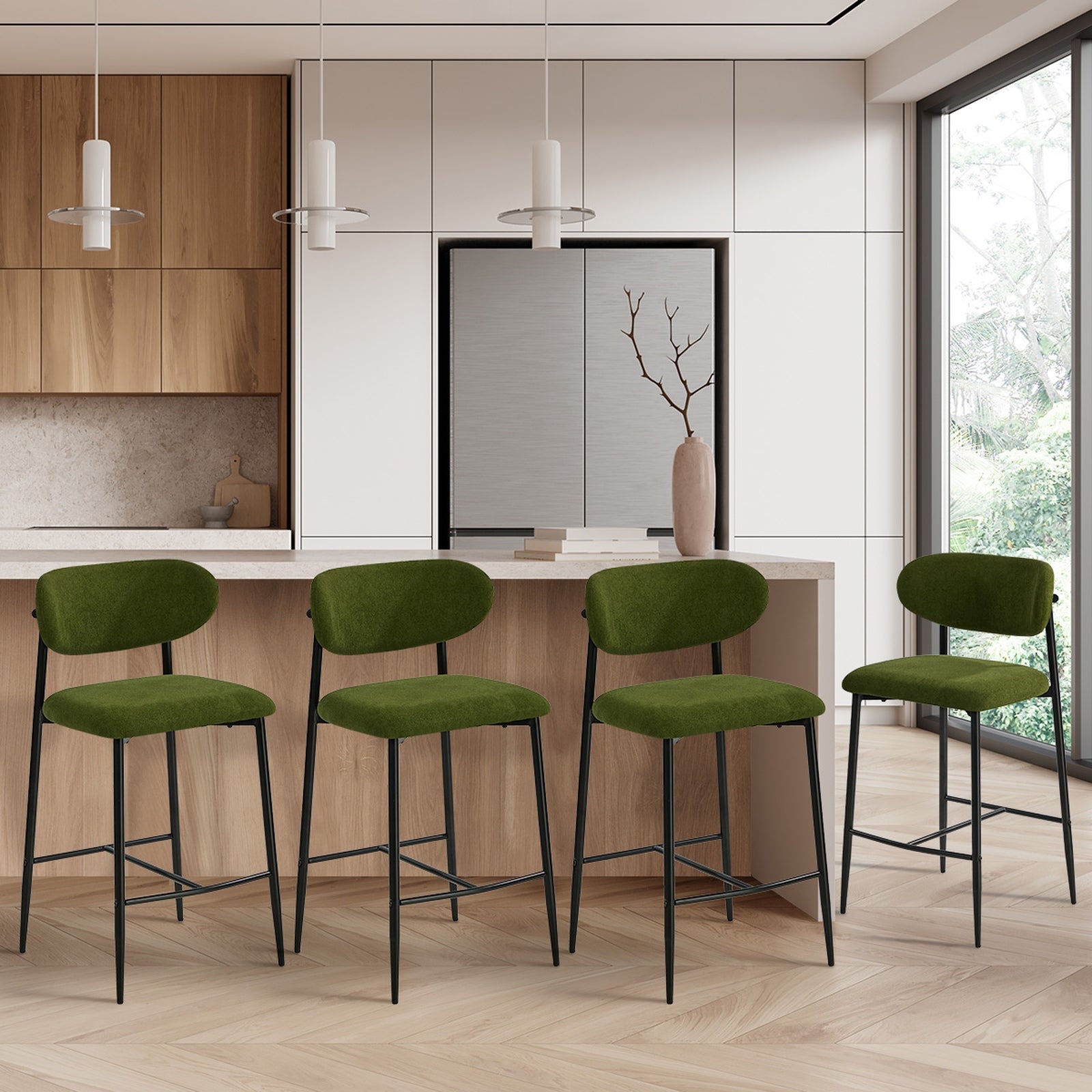 Oikiture 4x Bar Stools Kitchen Stool Counter Chair Fabric Green