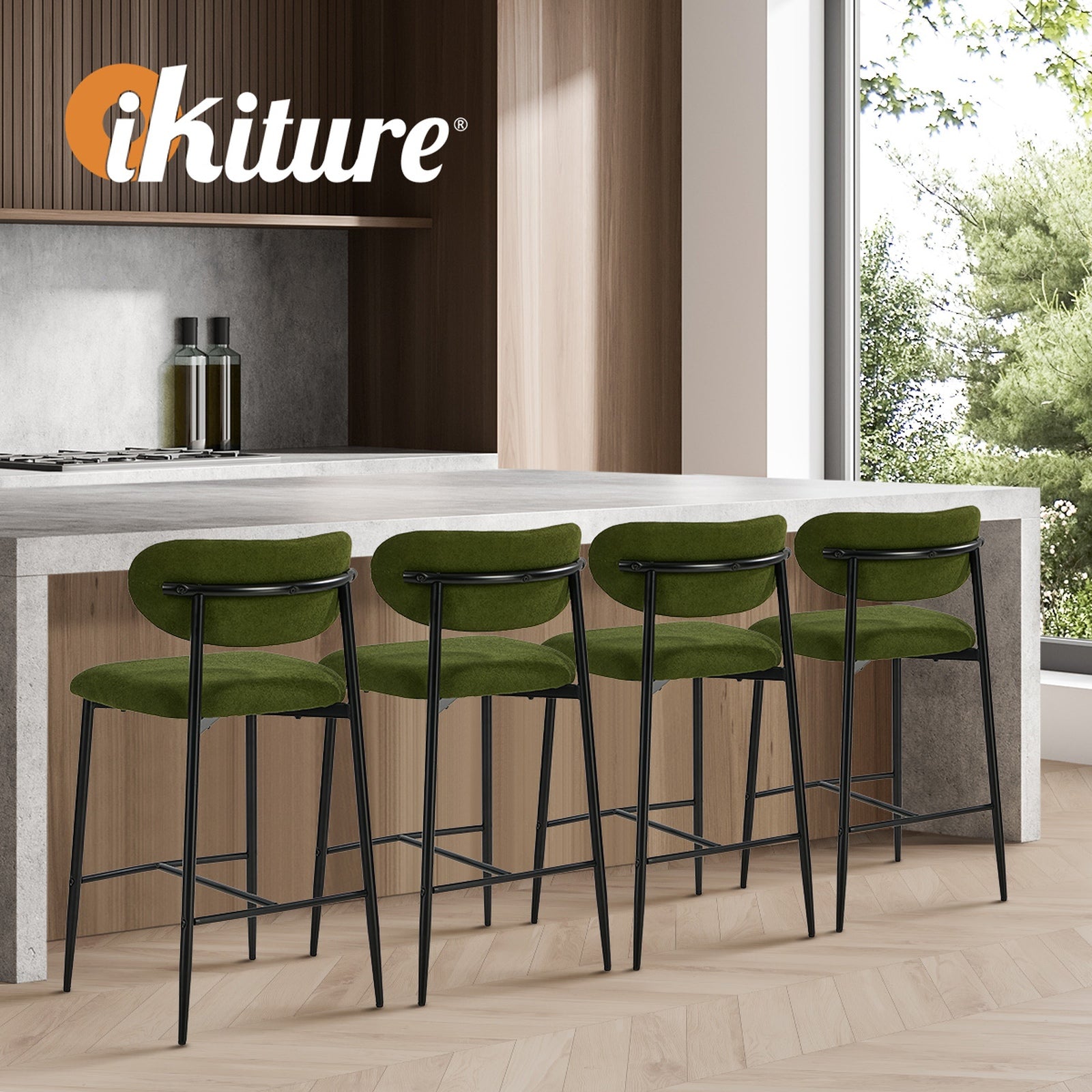 Oikiture 4x Bar Stools Kitchen Stool Counter Chair Fabric Green