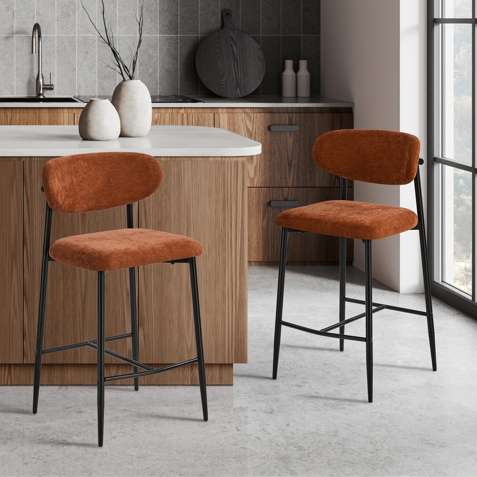 Oikiture 2x Bar Stools Kitchen Stool Counter Chair Fabric Orange