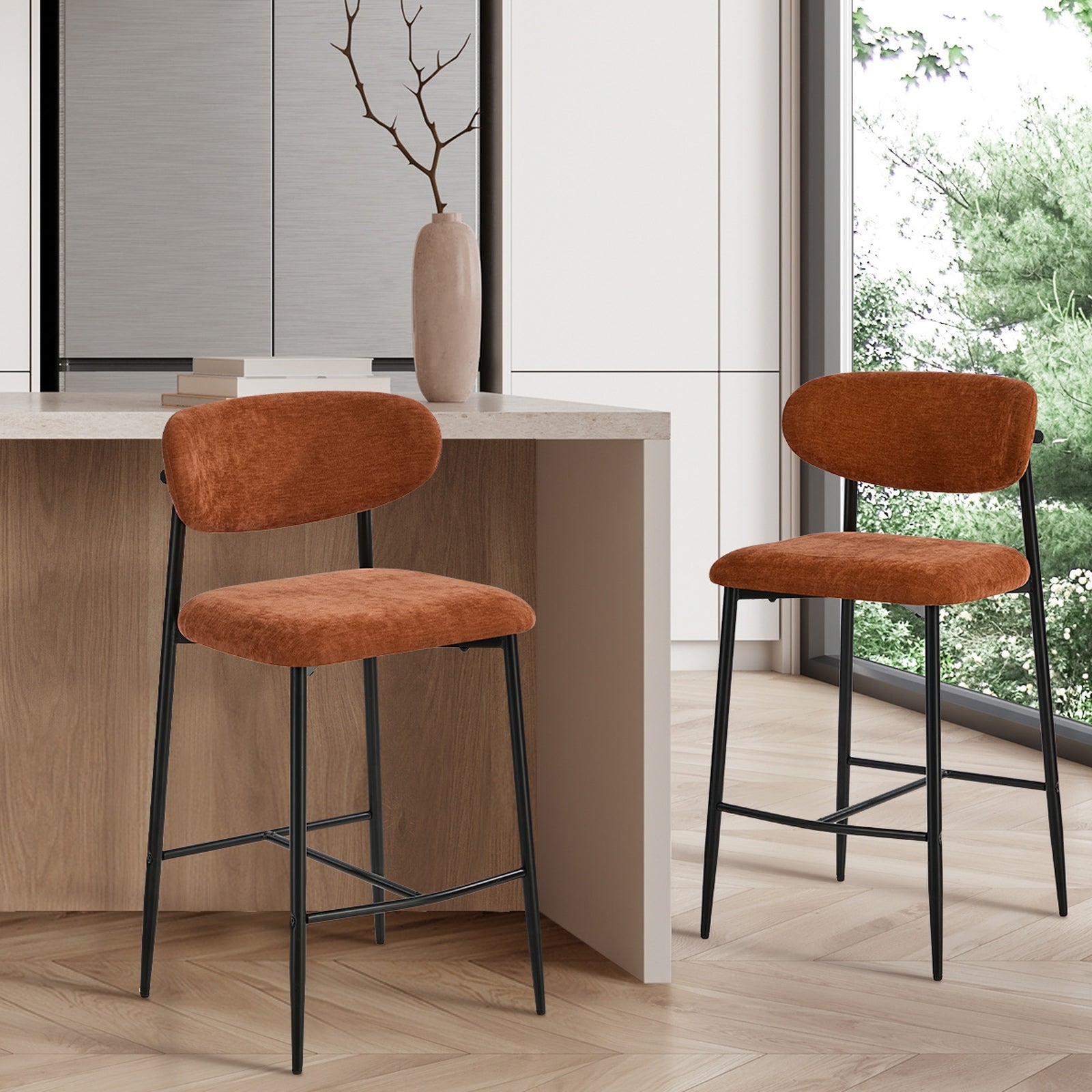 Oikiture 2x Bar Stools Kitchen Stool Counter Chair Fabric Orange