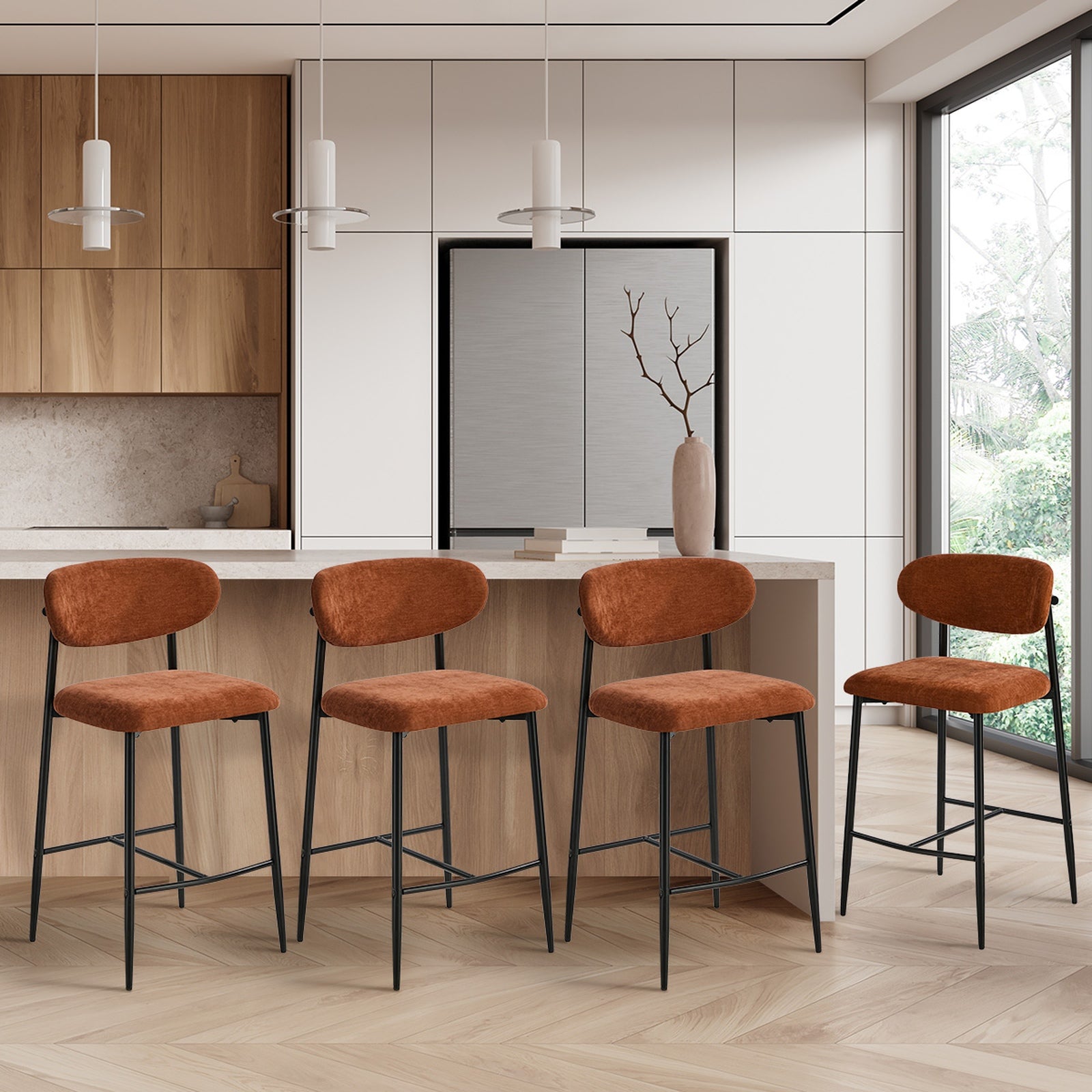 Oikiture 4x Bar Stools Kitchen Stool Counter Chair Fabric Orange