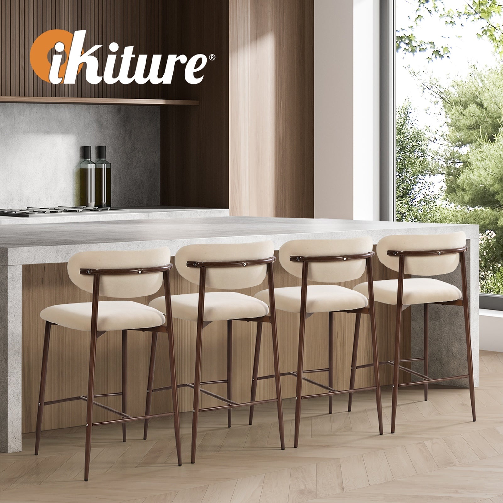Oikiture 2x Bar Stools Kitchen Stool Counter Chair Boucle Walnut