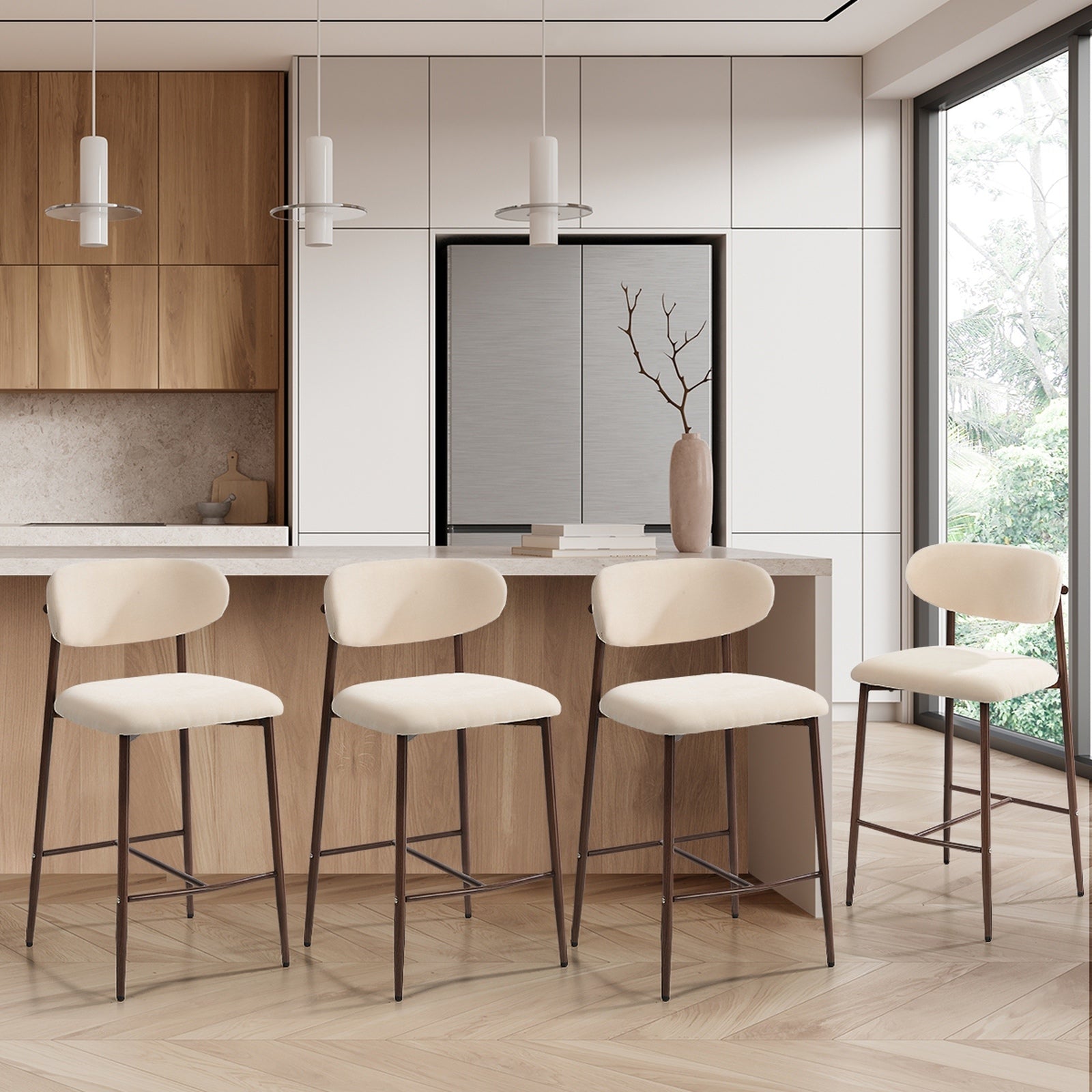 Oikiture 4x Bar Stools Kitchen Stool Counter Chair Boucle Walnut