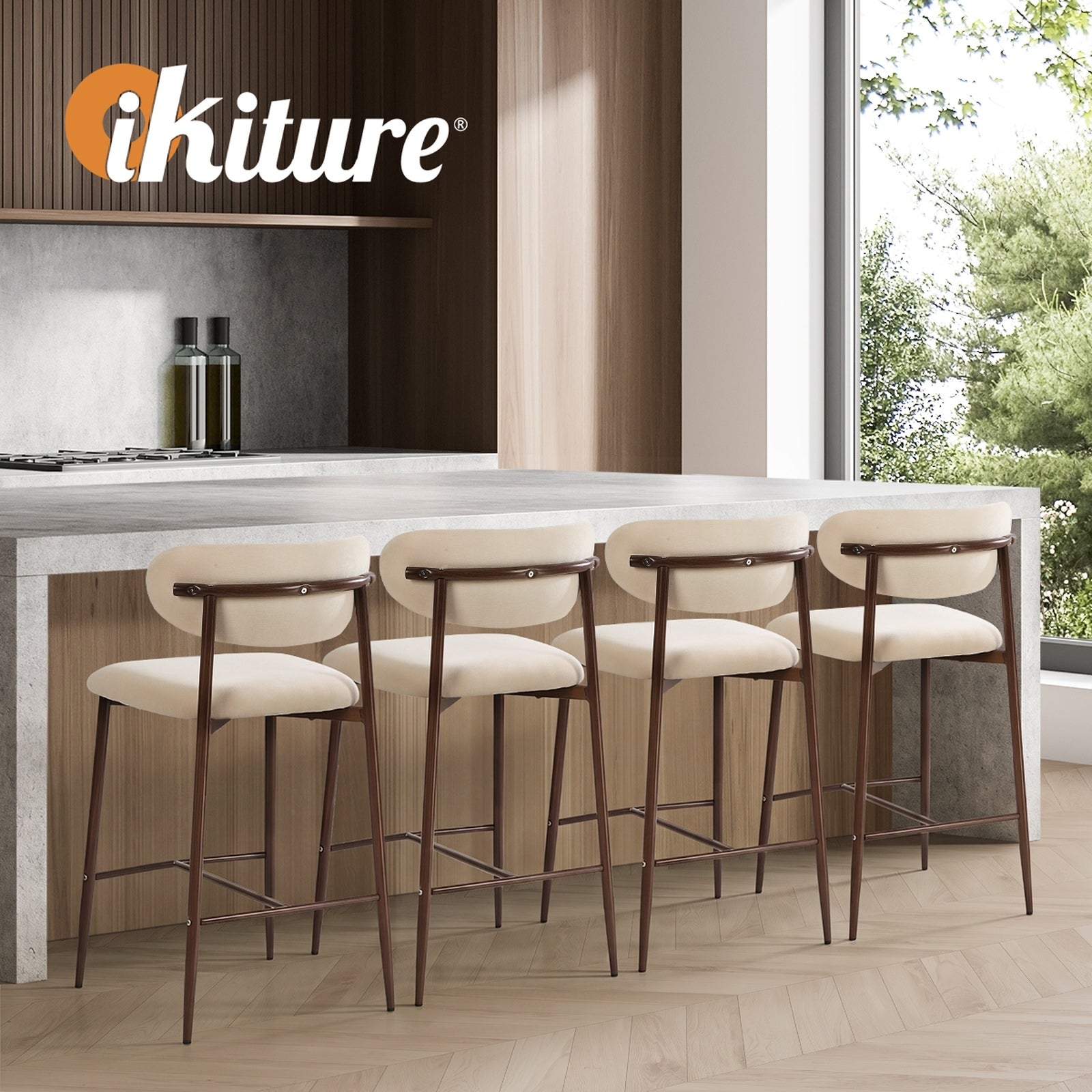 Oikiture 4x Bar Stools Kitchen Stool Counter Chair Boucle Walnut