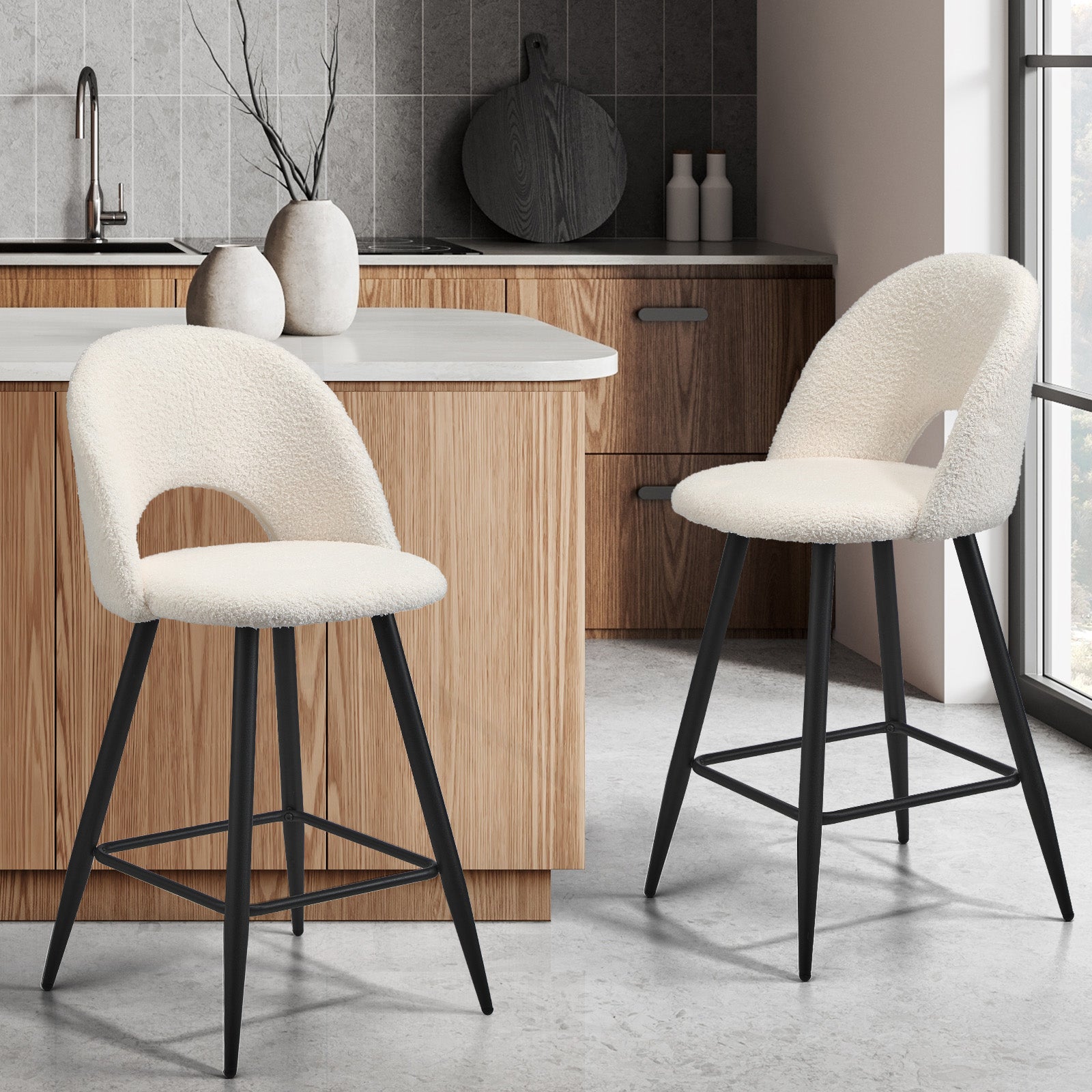 Oikiture 2x Bar Stools Kitchen Counter Stool Dining Chairs Boucle White HORN - Sunyee