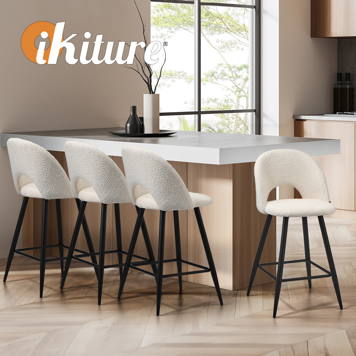 Oikiture 2x Bar Stools Kitchen Counter Stool Dining Chairs Boucle White HORN - Sunyee