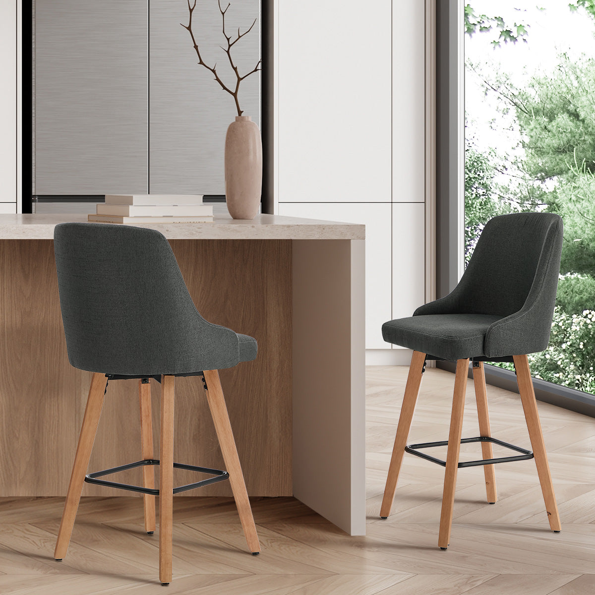 Oikiture 2x Bar Stools Kitchen Dining Chairs Swivel Wooden Stool Linen Grey - Sunyee