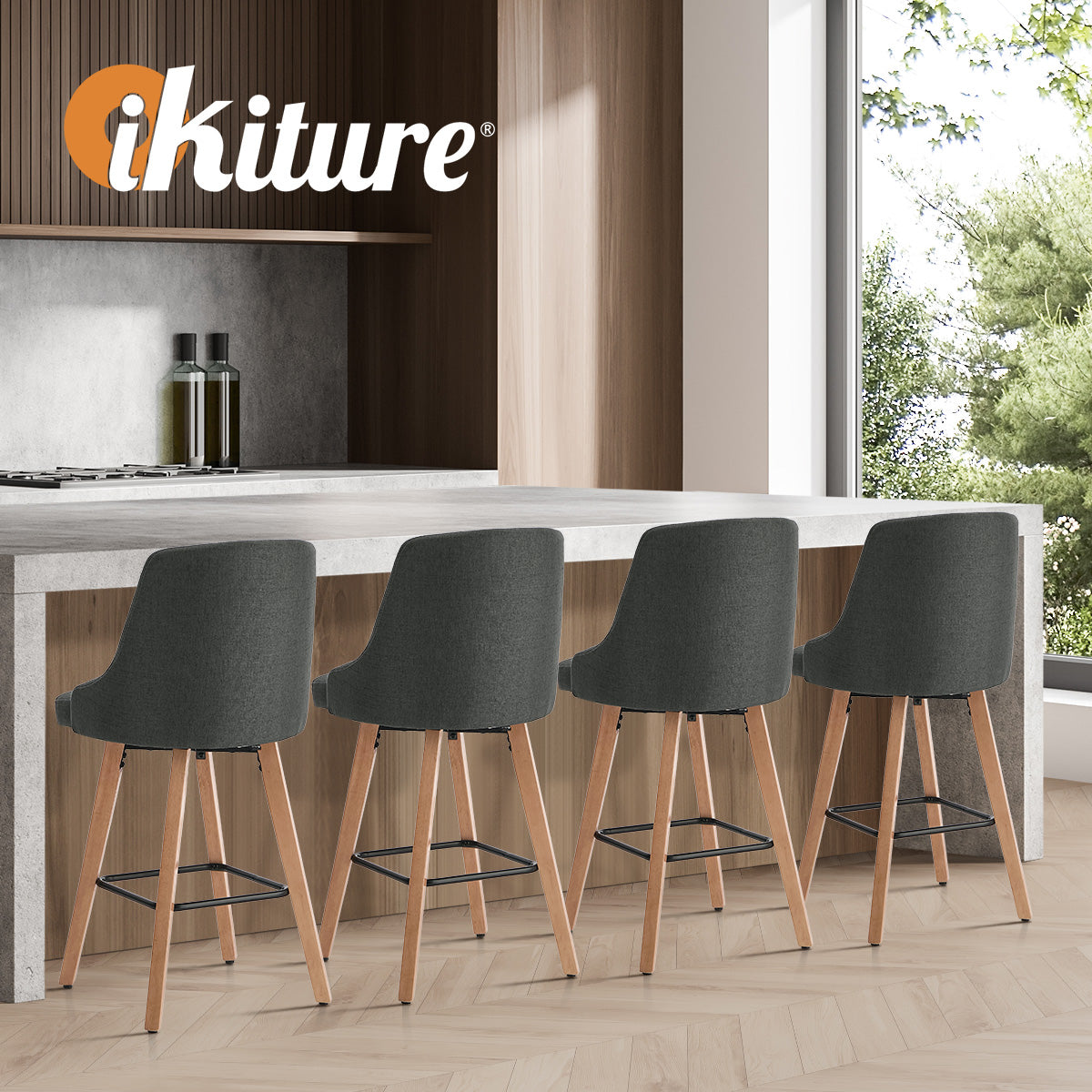 Oikiture 2x Bar Stools Kitchen Dining Chairs Swivel Wooden Stool Linen Grey - Sunyee