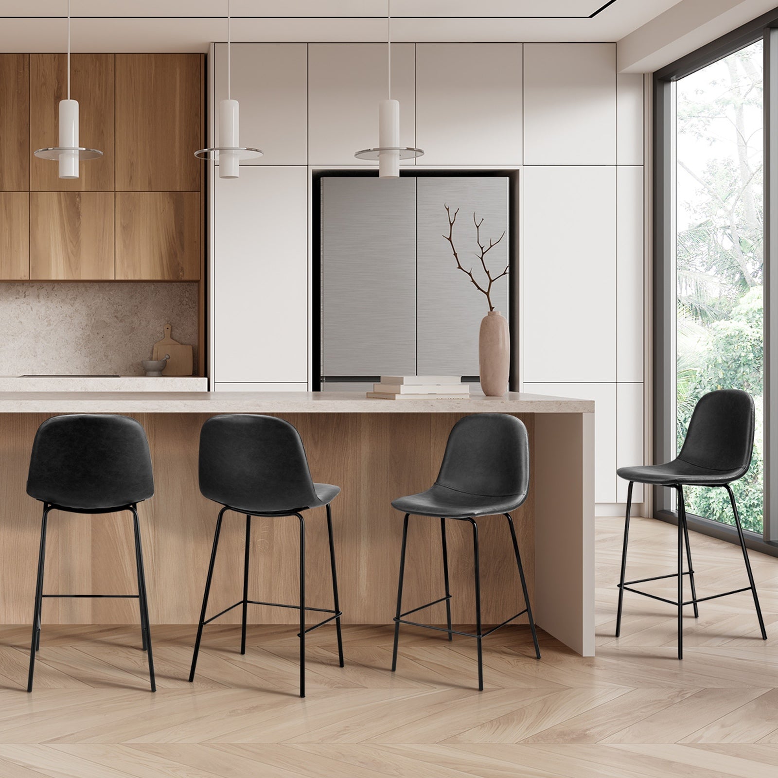 Oikiture 4x Bar Stools Kitchen Dining Chair Counter Stool PU Leather Black - Sunyee