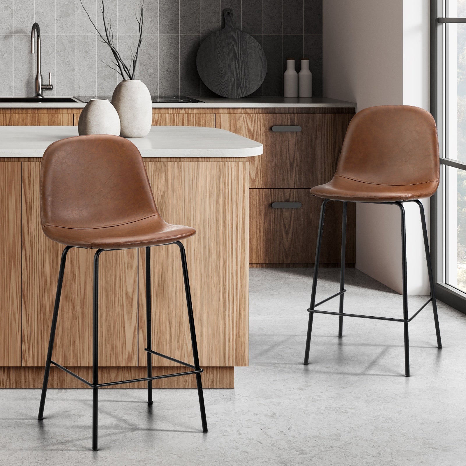Oikiture 2x Bar Stools Kitchen Dining Chair Counter Stool PU Leather Brown - Sunyee