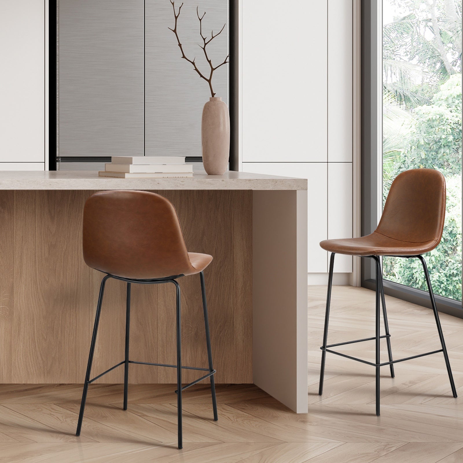 Oikiture 2x Bar Stools Kitchen Dining Chair Counter Stool PU Leather Brown - Sunyee
