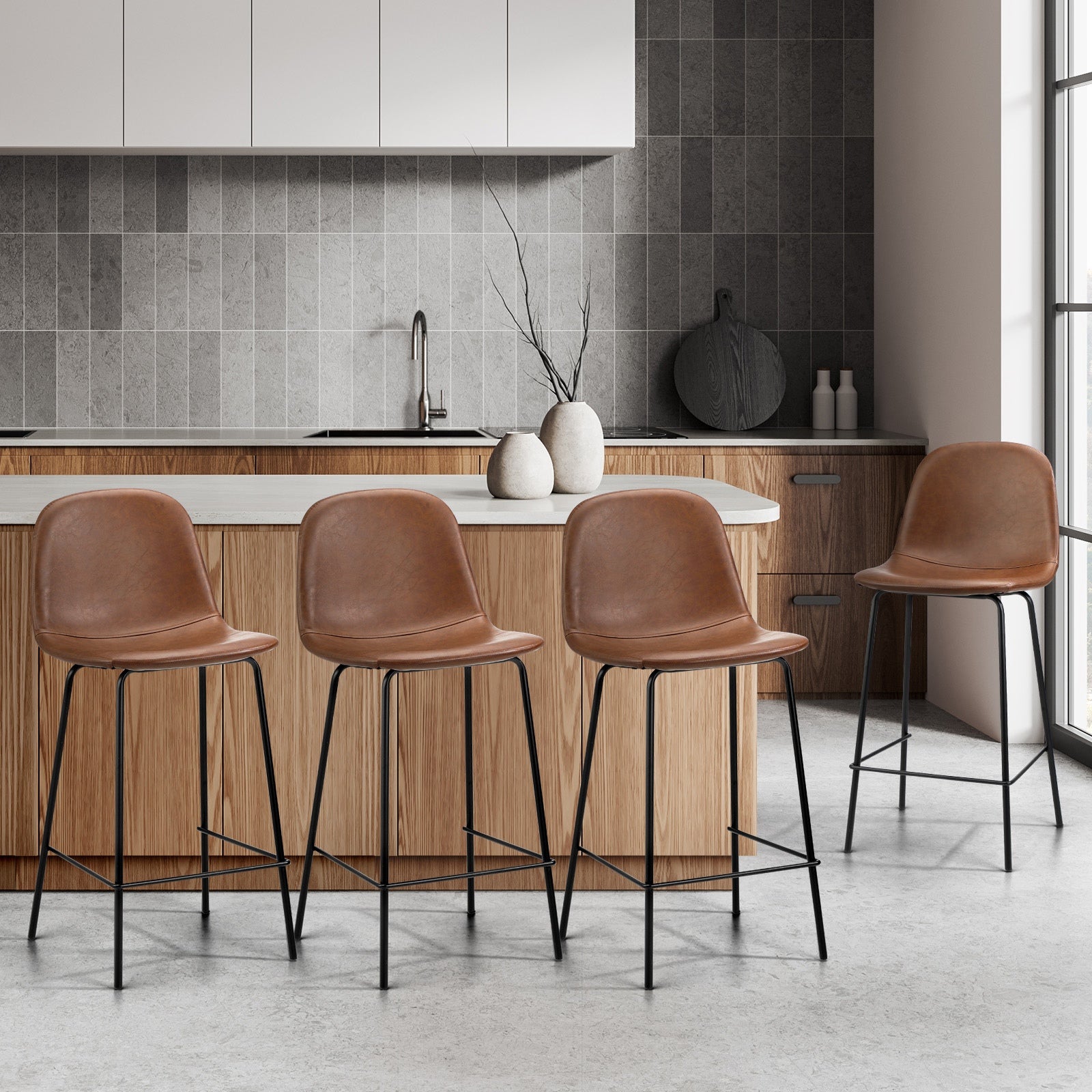 Oikiture 4x Bar Stools Kitchen Dining Chair Counter Stool PU Leather Brown - Sunyee