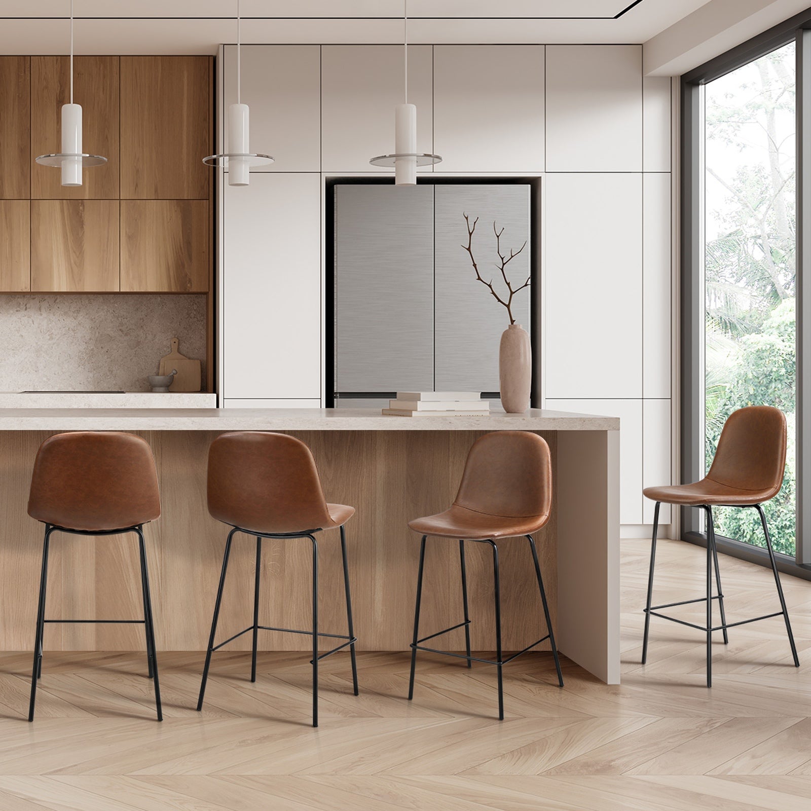 Oikiture 4x Bar Stools Kitchen Dining Chair Counter Stool PU Leather Brown - Sunyee