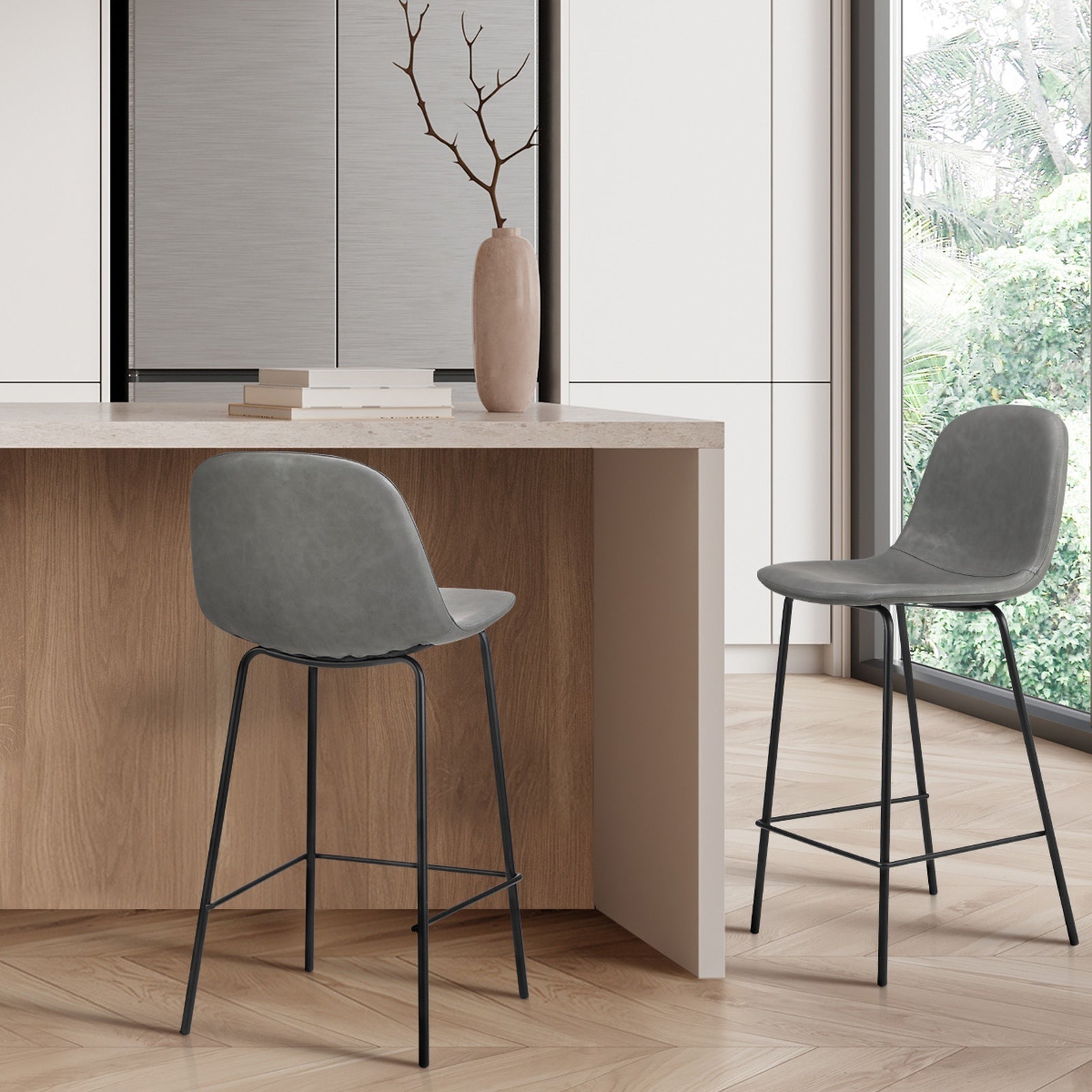 Oikiture 2x Bar Stools Kitchen Dining Chair Counter Stool PU Leather Grey - Sunyee