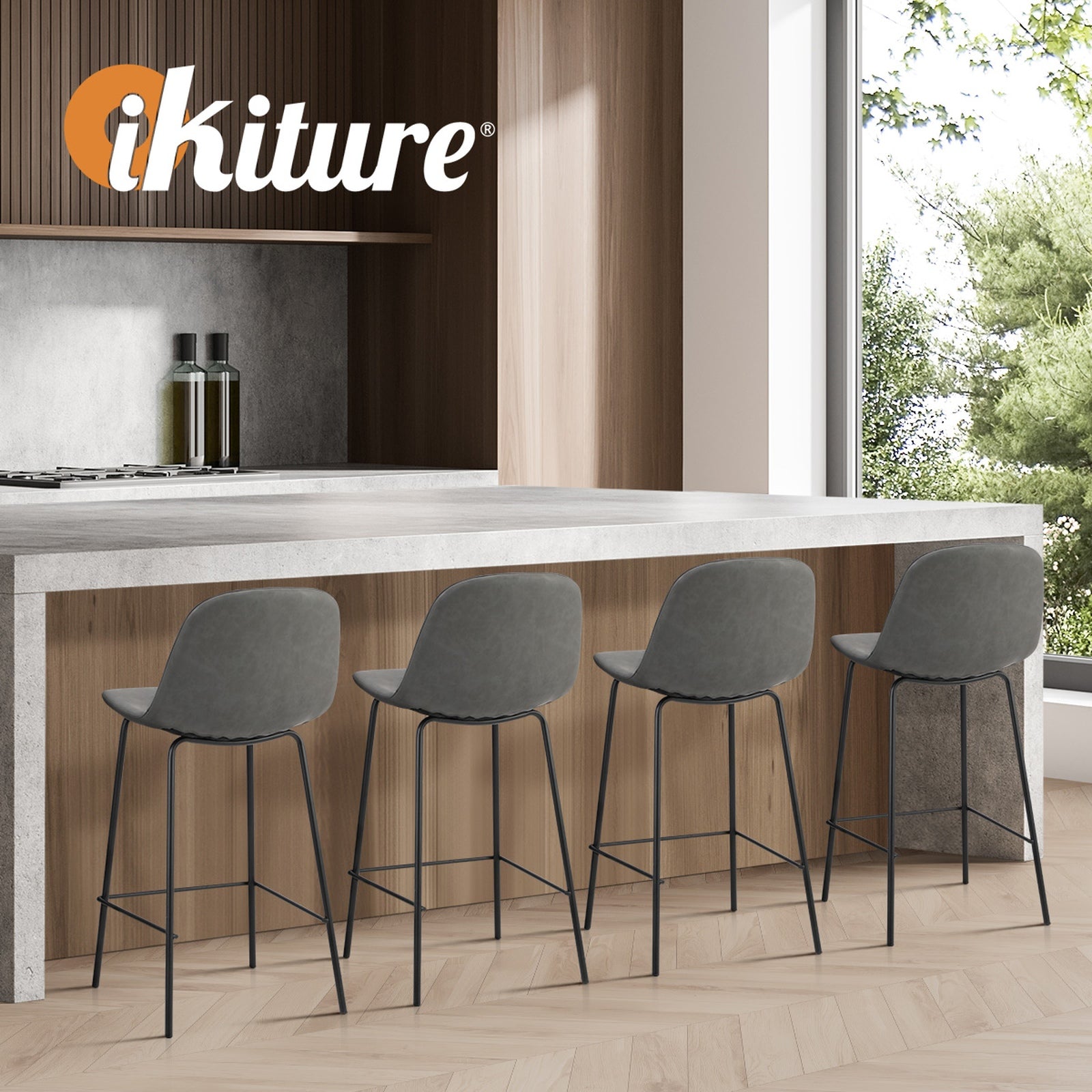 Oikiture 2x Bar Stools Kitchen Dining Chair Counter Stool PU Leather Grey - Sunyee